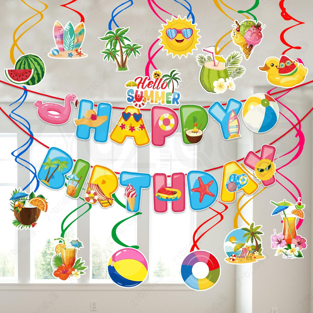 Zyozique Summer Theme Birthday Decorations Combo, Happy Birthday Paper Banner with Hanging Swirls, Beach Theme Party Decoration