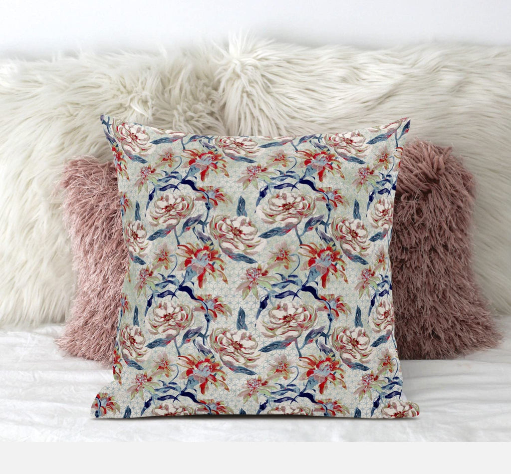 HomeRoots Light Blue Red 16' Red Indigo Roses Zippered Suede Throw Pillow