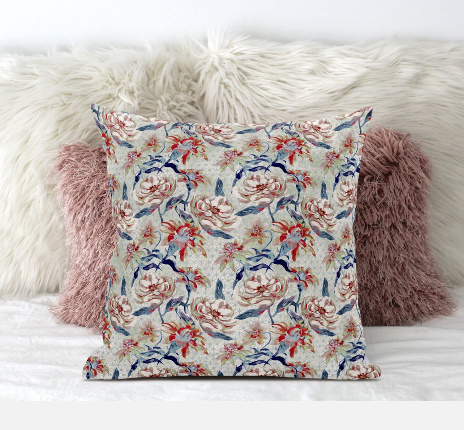 HomeRoots Light Blue Red 16' Red Indigo Roses Zippered Suede Throw Pillow