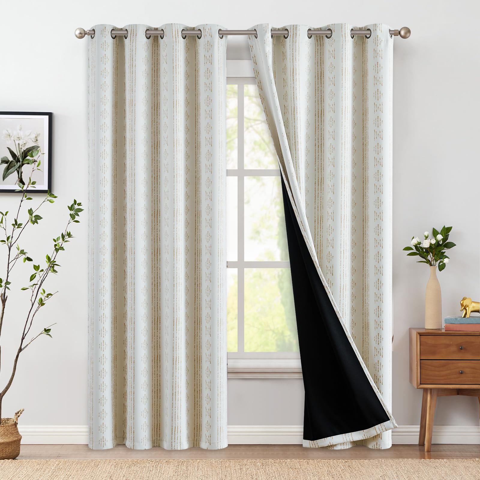 Jinchan 100% Blackout Boho Curtains 108 Inch Longes For Bedroom Beige Geometric Printed Grommet Top Room Darkening Thermal Insulated Window Drapes 2 Panels