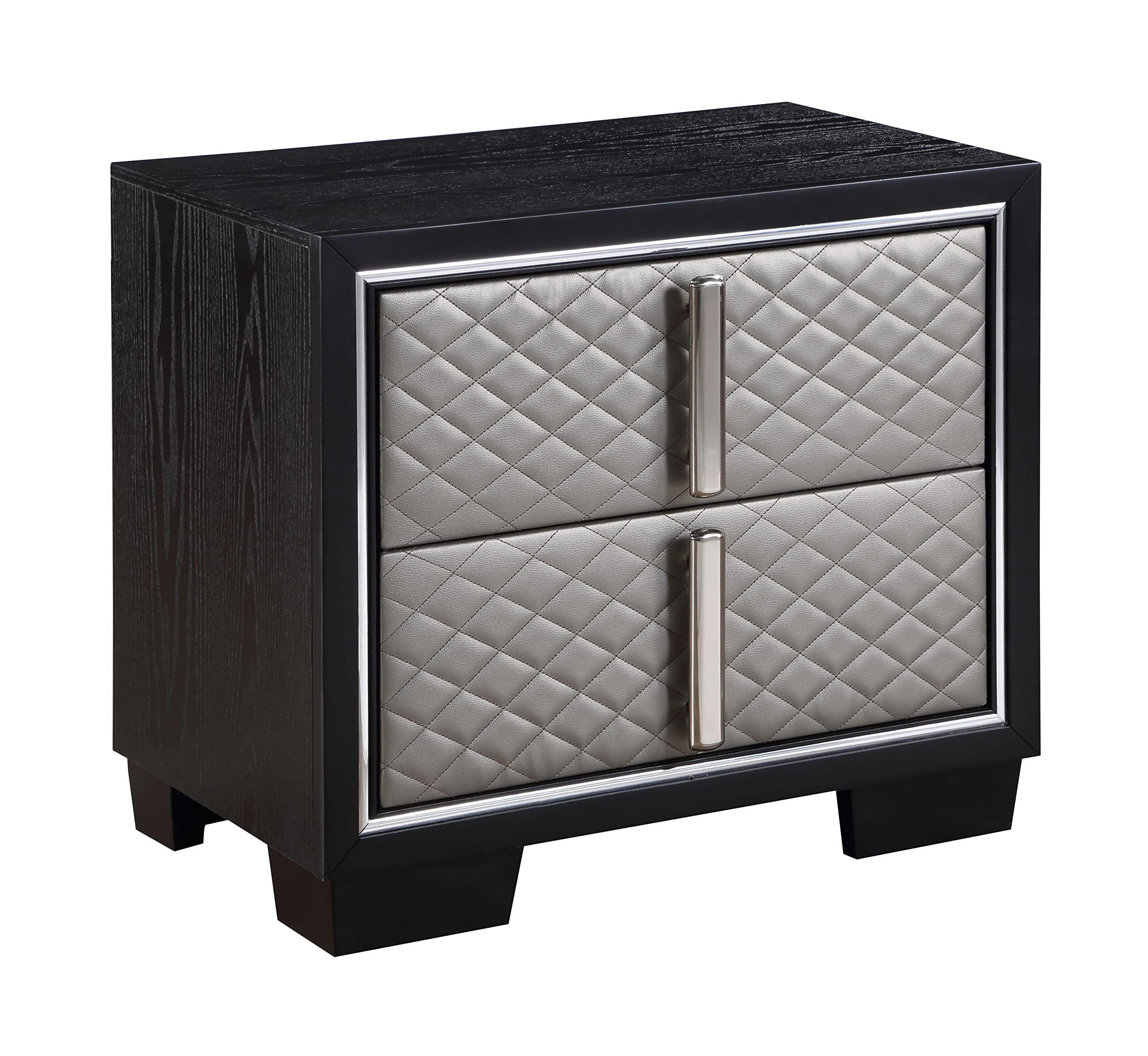 Acme Nicola 2 Drawers Wooden and Faux Leather Nightstand in Silver and Black