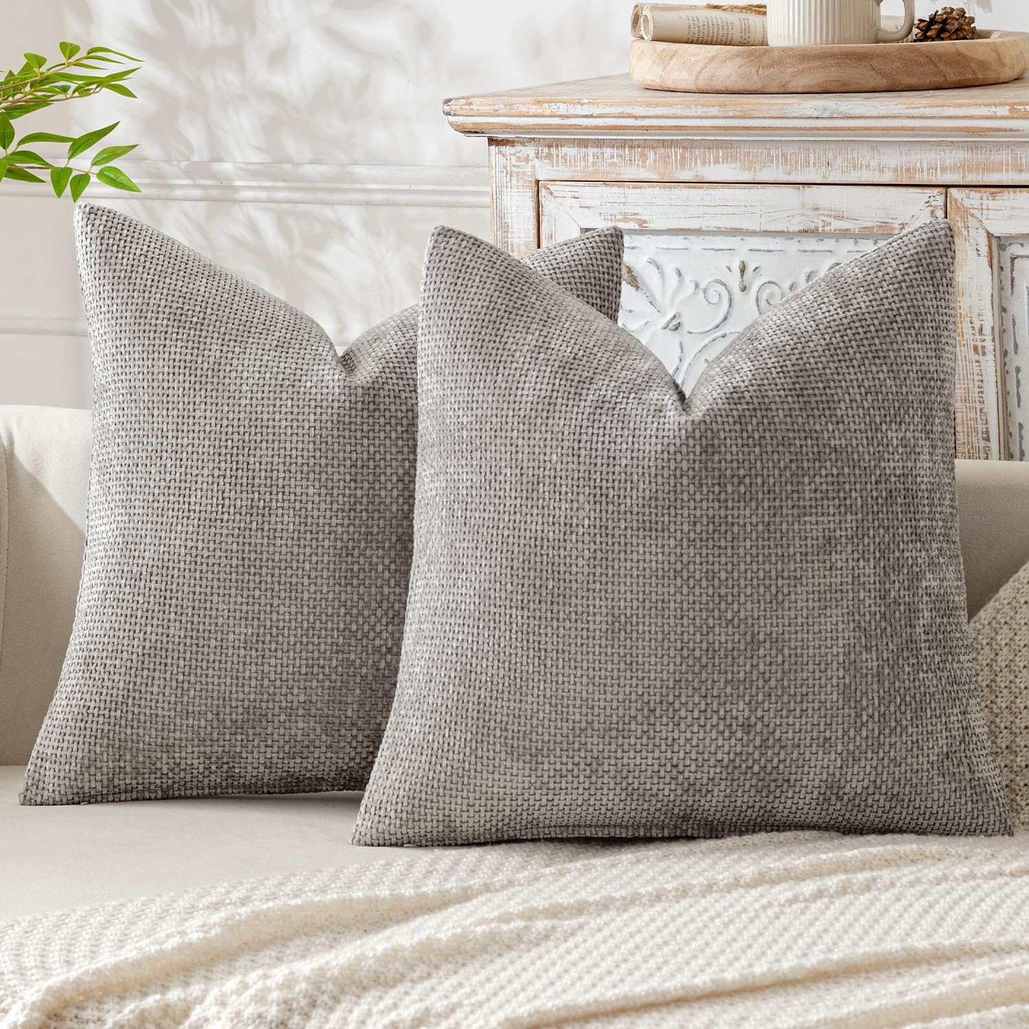 Miulee Pack Of 2 Light Gray Decorative Pillow Covers 18X18 Inch Soft Chenille Couch Throw Pillows Farmhouse Cushion Covers For H