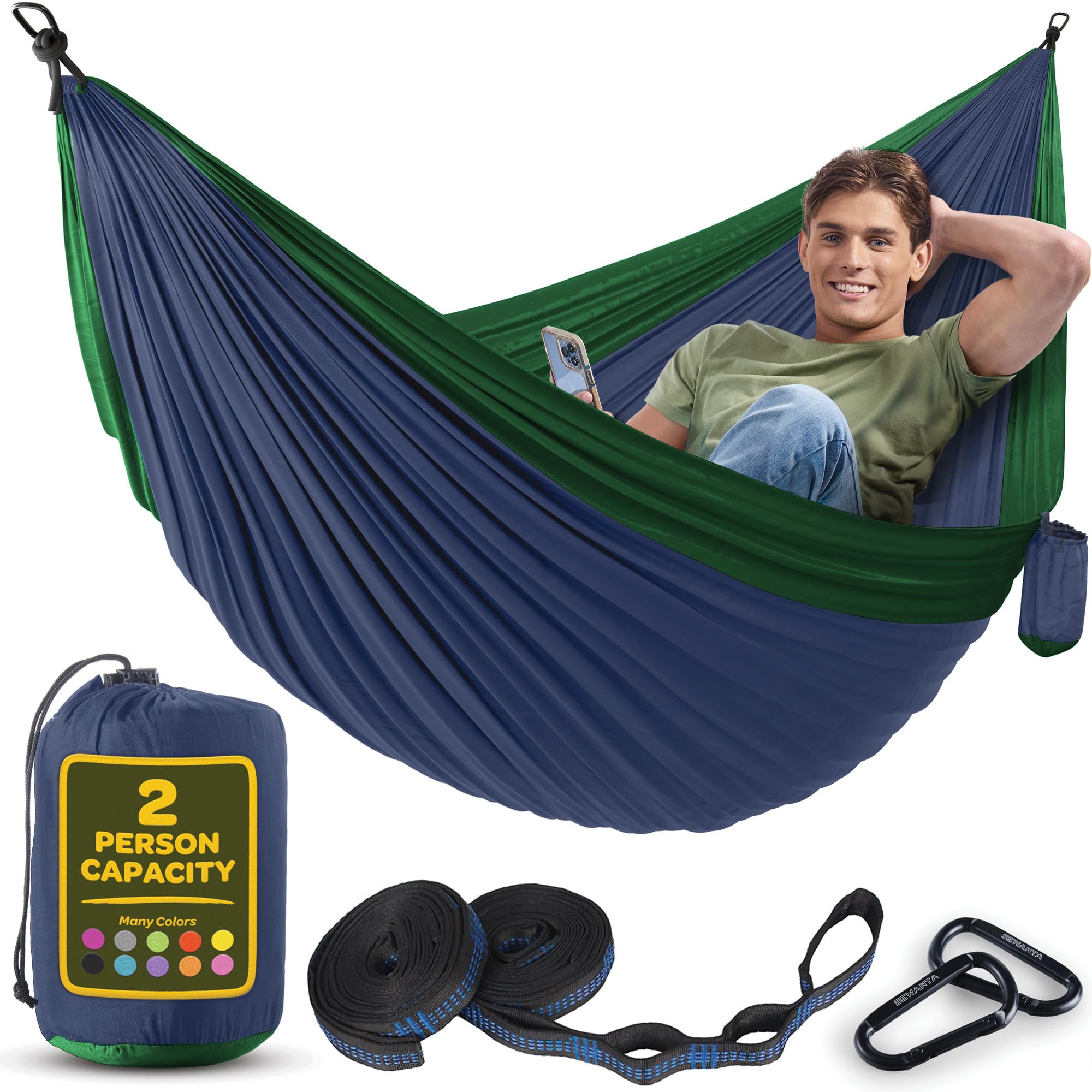 Durable Hammock 500 lb Capacity, Nylon Camping Hammock Chair - Double or Single Sizes w/Tree Straps and Attached Carry Bag - for