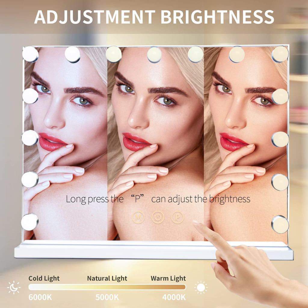Slimoon Hollywood Vanity Mirror With Lights, 15 Dimmable Led Bulbs 3 Color Lighted Makeup Mirror With Detachable 10X Magnificati