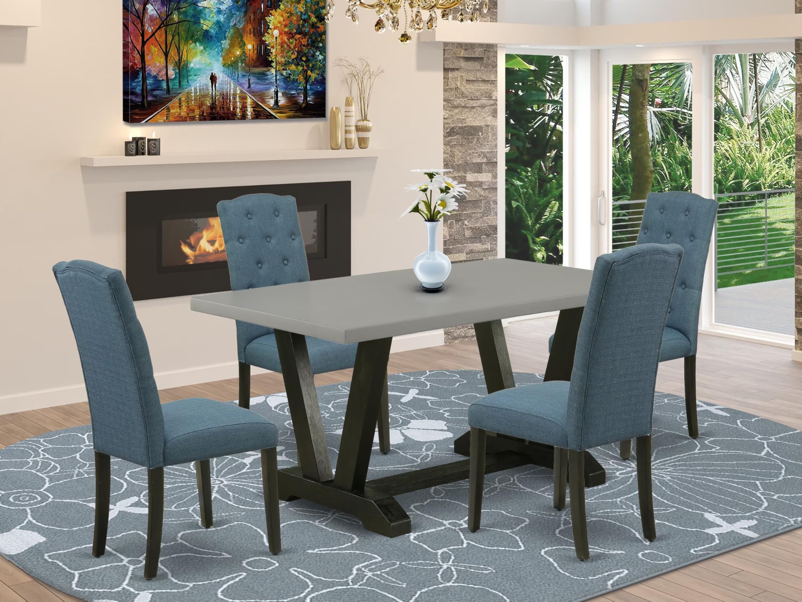 East West Furniture V696Ce121-5 5 Piece Dining Set Includes A Rectangle Dining Room Table With V-Legs And 4 Mineral Blue Linen Fabric Upholstered Parson Chairs, 36X60 Inch, Multi-Color