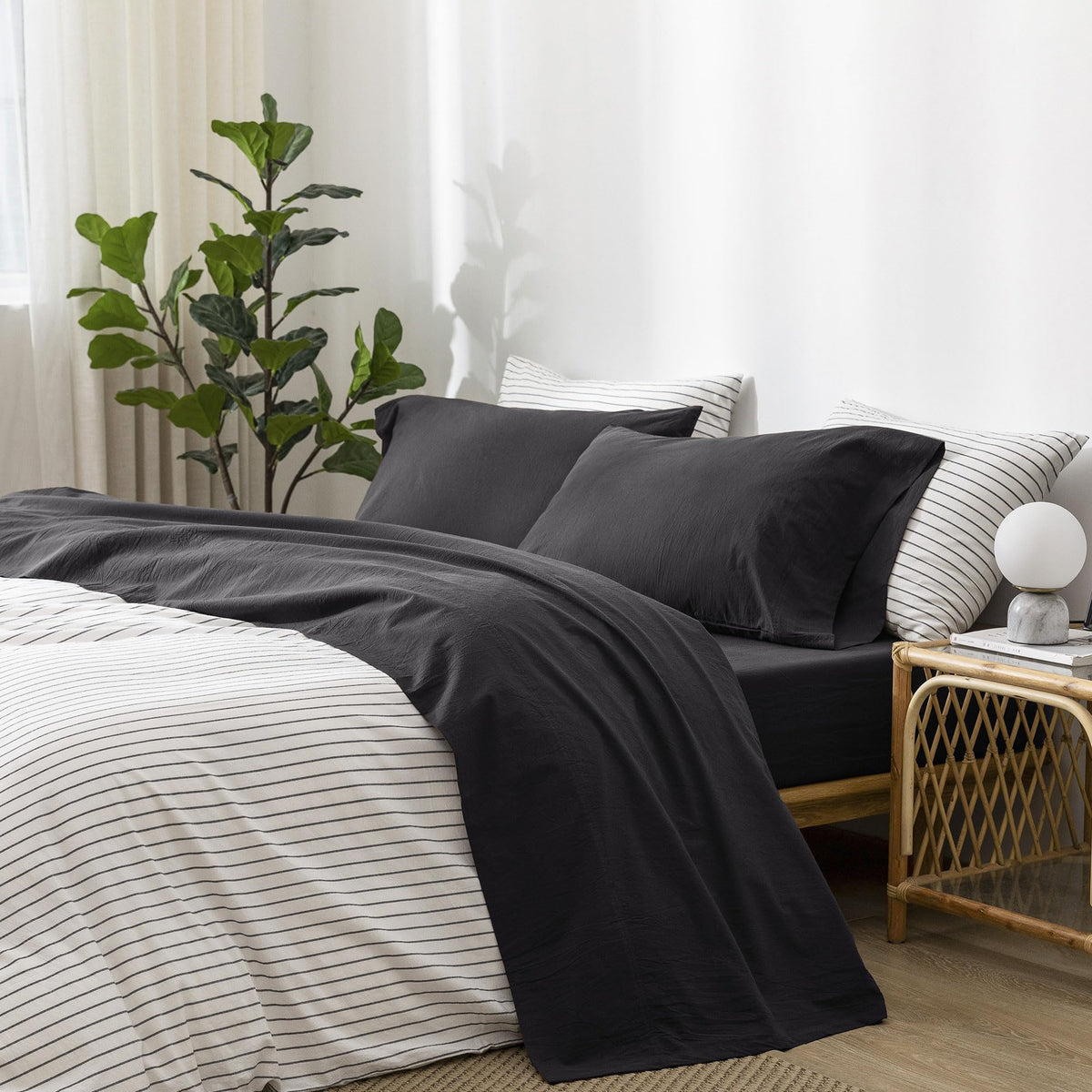 Moomee Bedding Sheet Set 100% Washed Cotton Linen Like Textured Breathable Durable Soft Comfy (Solid Deep Grey, King)