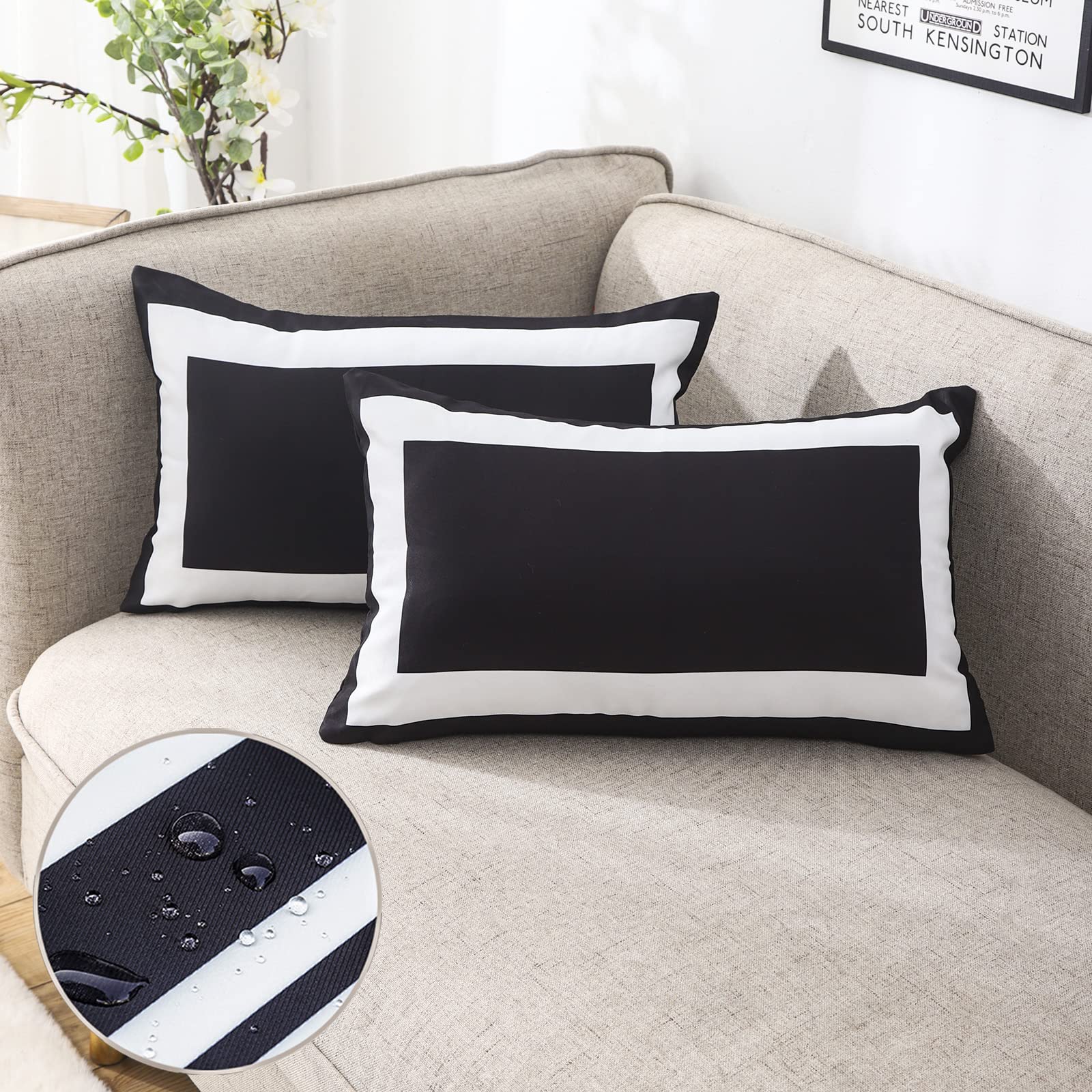 Jojogogo Black Outdoor Lumbar Pillow Covers 12X20 Waterproof Set Of 2 Black And White Rectangle Outdoor Lumbar Pillows For Porch