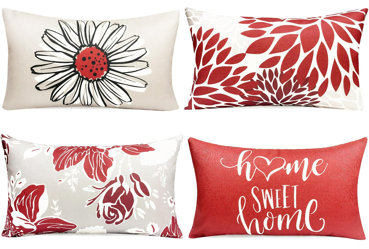 Rysmiyou Decorative Throw Pillow Covers Set Of 4 Wine Red Pillow Covers 12X20 Inch Throw Pillow Cases Linen Pillow Case,Farmhous