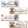 Thrist Highland Cow Decor Wall Art 4PCS Wooden Inspirational Farmhouse Wall Art Picture Print Painting Loved Brave Kind Enough P