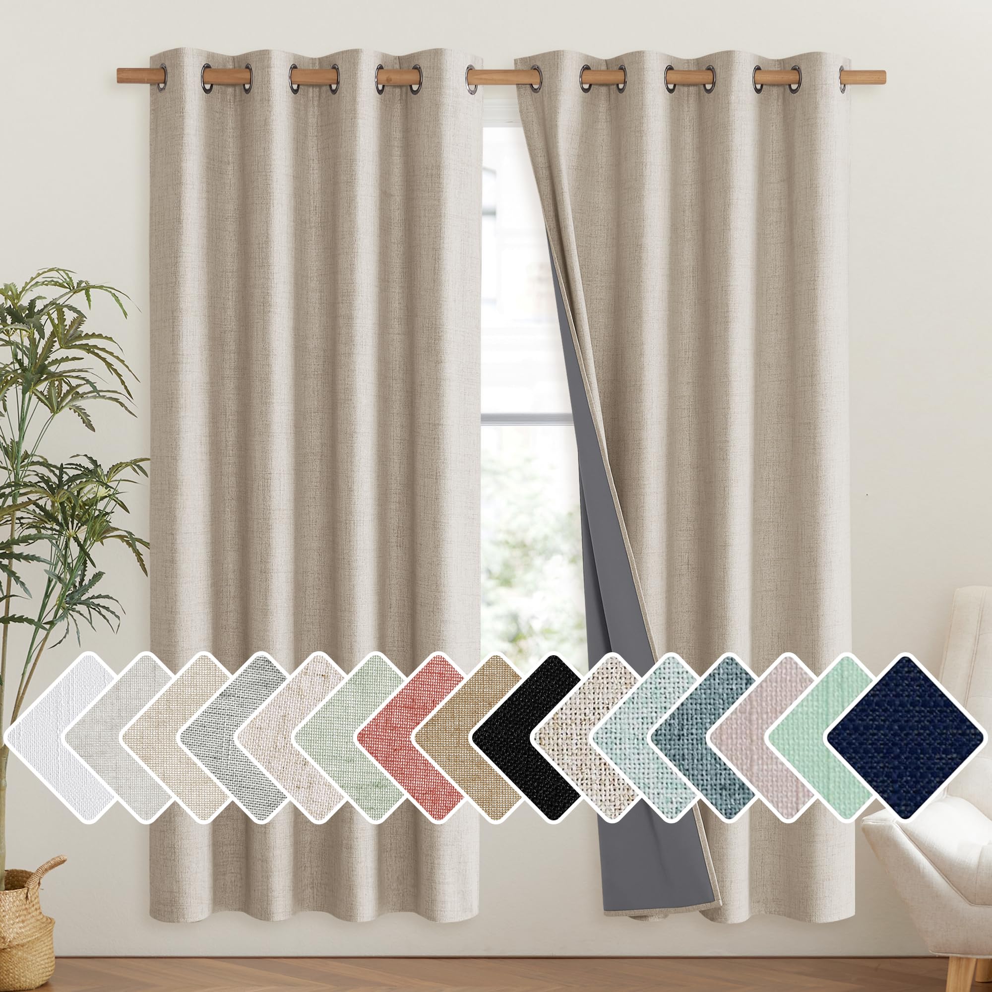 Nicetown Oatmeal Bedroom Full Blackout Linen Curtain Panels Set Of 2, 52' By 72', Thick Insulated Classic Grommet Blackout Draperies With White Thermal Insulated Liner For Windows