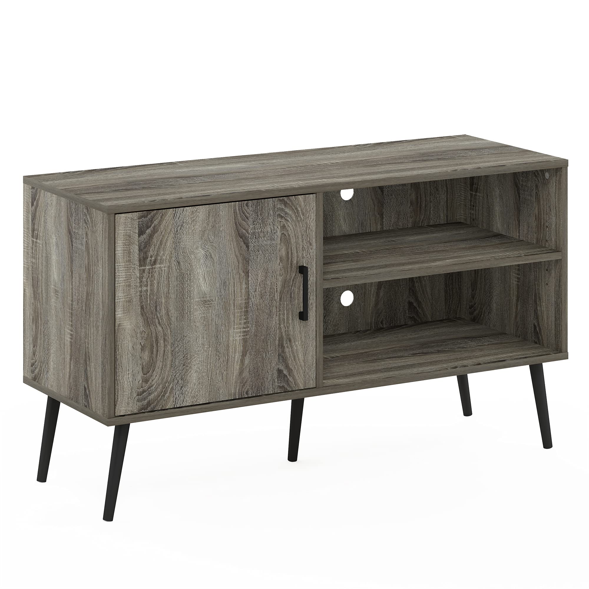 Furinno Claude Mid Century Style Stand with Wood Legs for TV up to 55 Inches, One Cabinet Two Shelves, French Oak