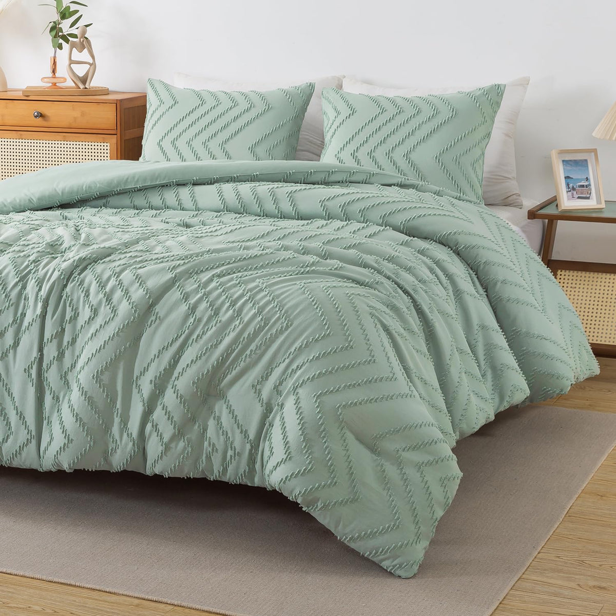 Andency Sage Green Comforter Set Queen, Boho Soft Fluffy Warm Lightweight Bedding Comforter Sets For Queen Bed, 3 Pieces Light G