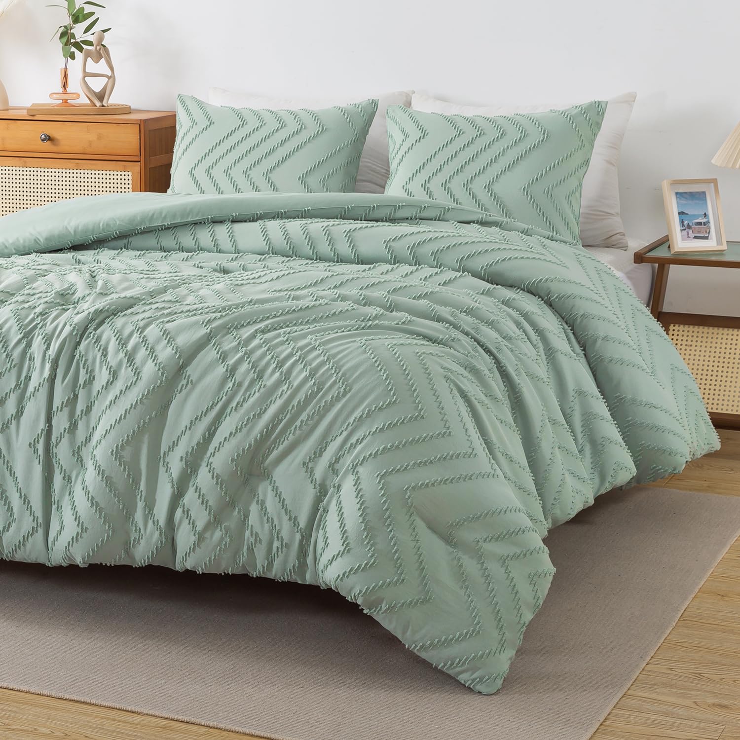 Andency Sage Green Comforter Full, Boho Soft Fluffy Warm Lightweight Bedding Comforter Sets For Full Bed, 3 Pieces Light Green Chevron Tufted Aesthetic Microfiber Lightweight Comforter Set