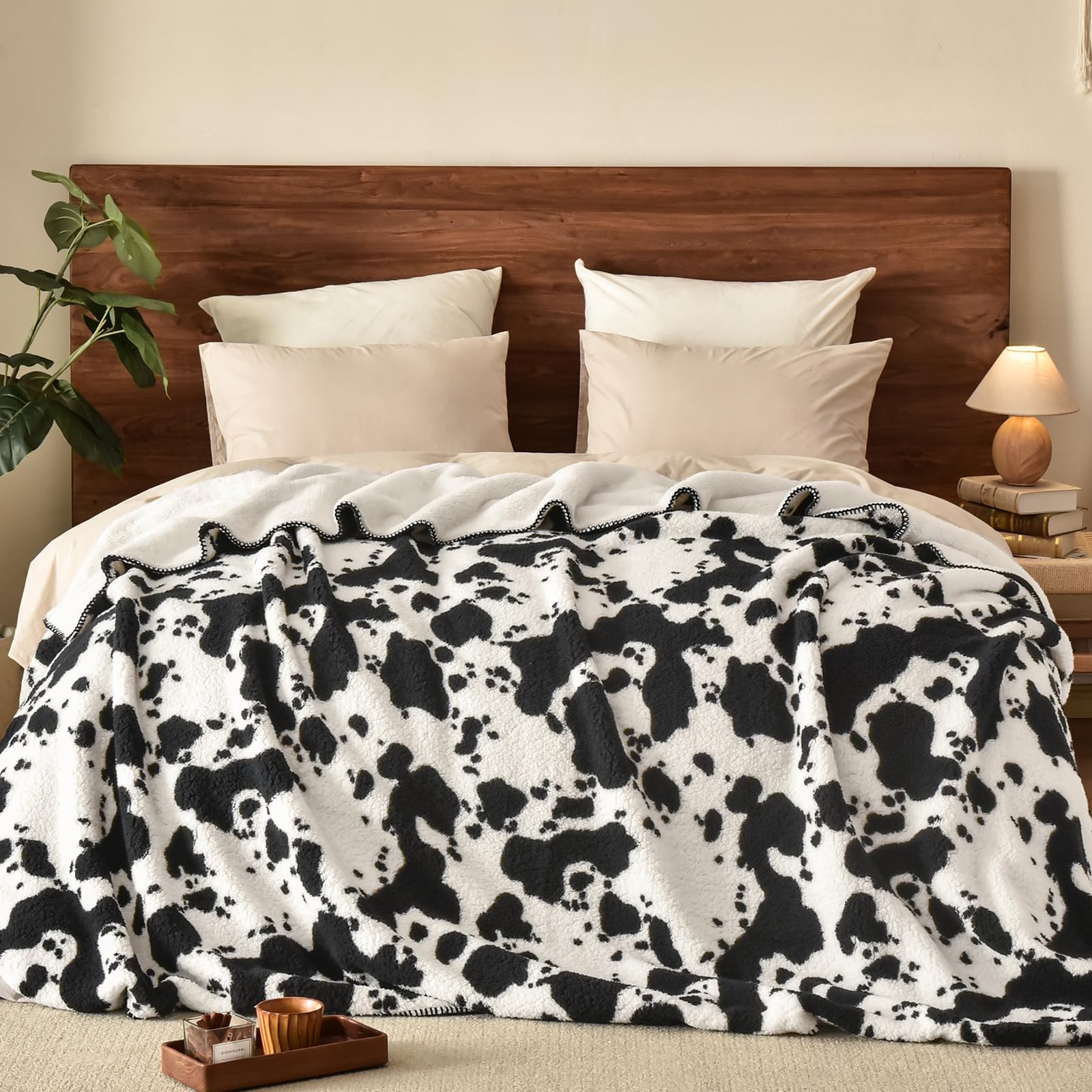 Phf Cute Cow Print Sherpa Blanket Queen Size For Women Men Adults, Reversible Thick And Warm Blanket For Winter, Ultra Soft Fuzz