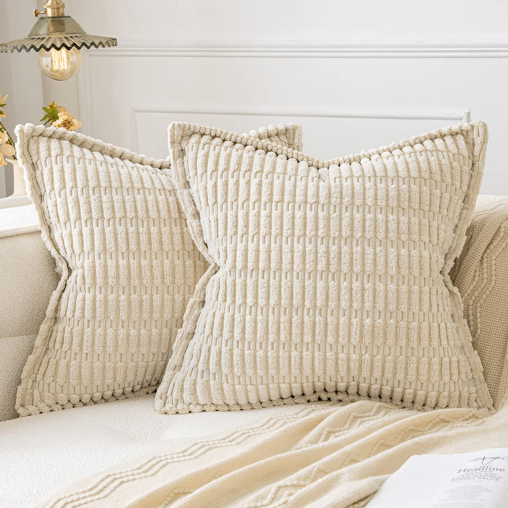Miulee Cream White Corduroy Decorative Throw Pillow Covers Pack Of 2 Soft Striped Pillows Pillowcases With Broad Edge Modern Christmas Winter Cute Boho Home Decor For Couch Sofa Bed 20X20 Inch