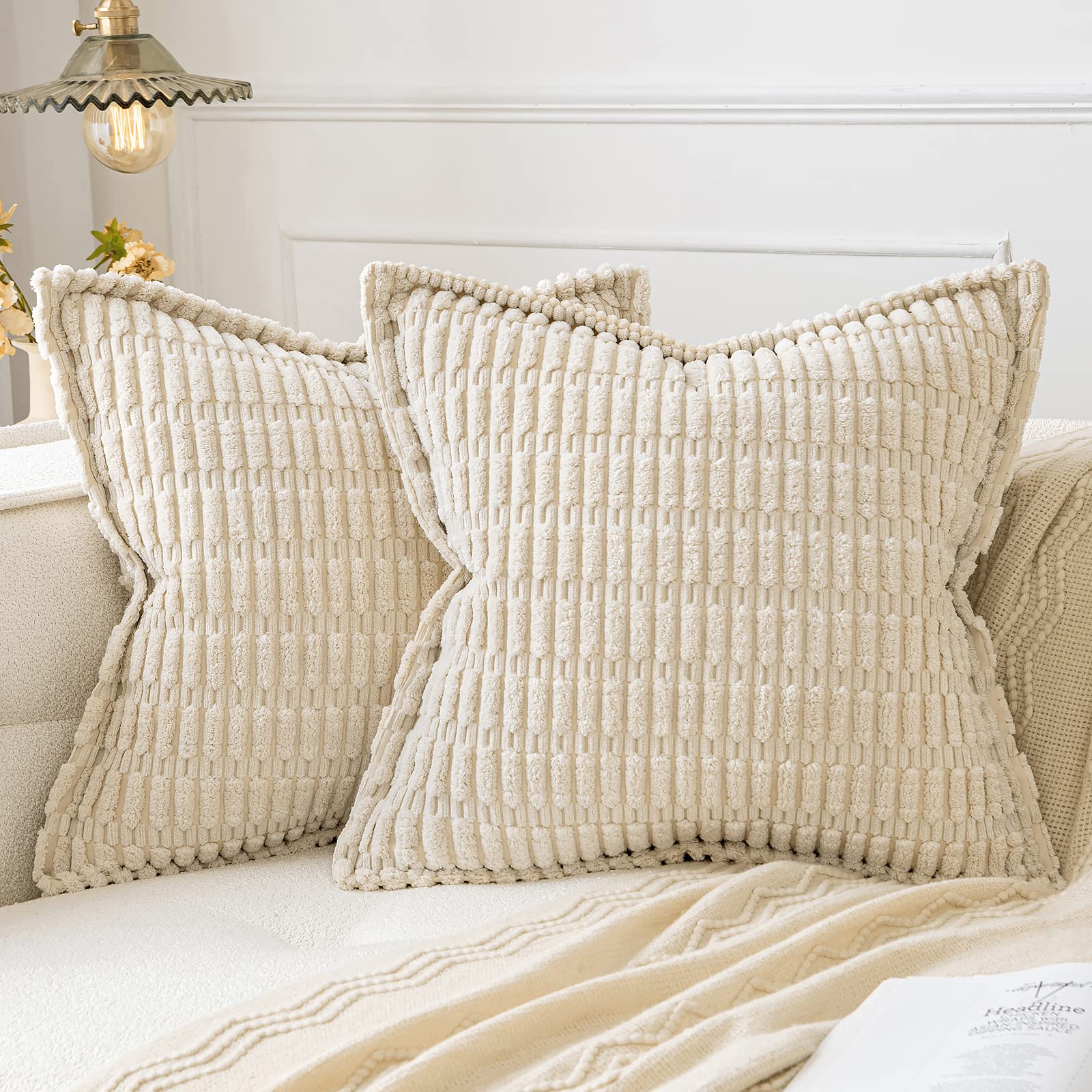 Miulee Cream White Corduroy Decorative Throw Pillow Covers Pack Of 2 Soft Striped Pillows Pillowcases With Broad Edge Modern Christmas Winter Cute Boho Home Decor For Couch Sofa Bed 18X18 Inch