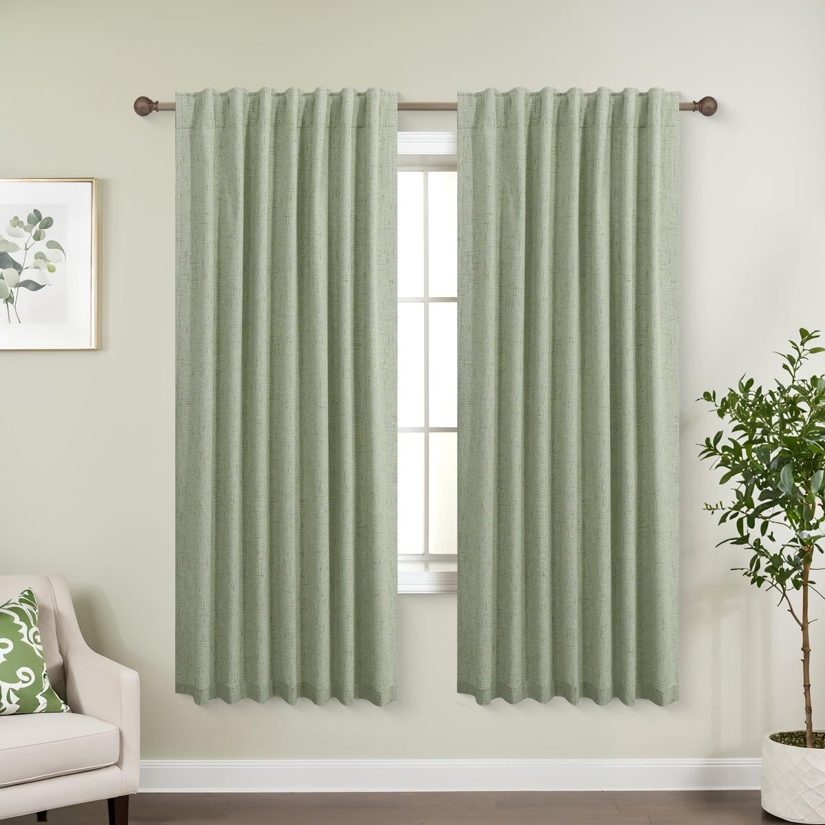 Koufall Sage Green Curtains 63 Inch Length For Living Room,Linen Textured Back Tab Blackout Boho Curtains 2 Panels For Bedroom 6