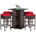 Tangkula 5 Piece Outdoor Rattan Bar Set, Patio Bar Furniture With 4 Cushions Stools And Smooth Top Table With Hidden Storage Shelf, Outdoor Conversation Set For Poolside, Backyard, Lawn (Red)