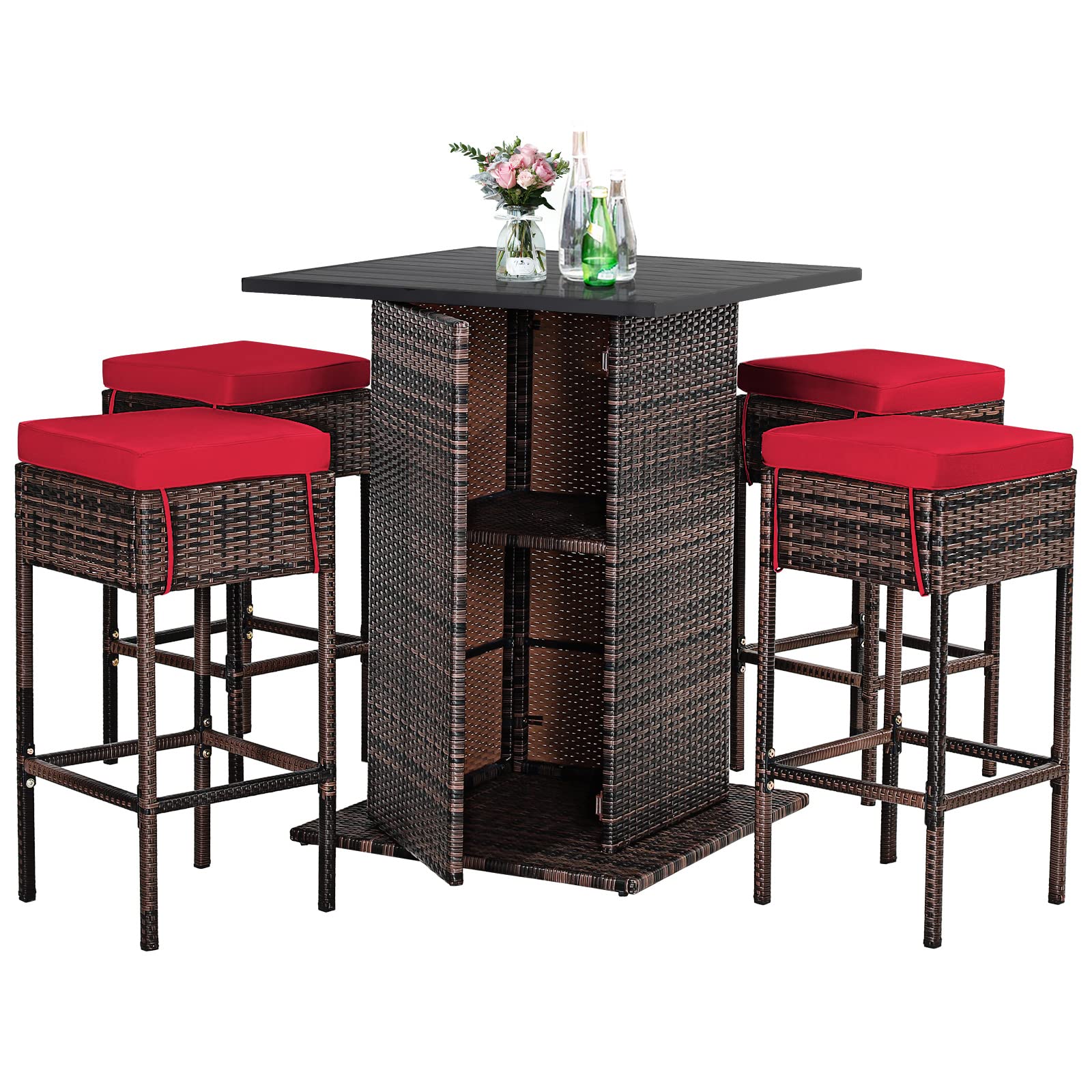 Tangkula 5 Piece Outdoor Rattan Bar Set, Patio Bar Furniture With 4 Cushions Stools And Smooth Top Table With Hidden Storage Shelf, Outdoor Conversation Set For Poolside, Backyard, Lawn (Red)
