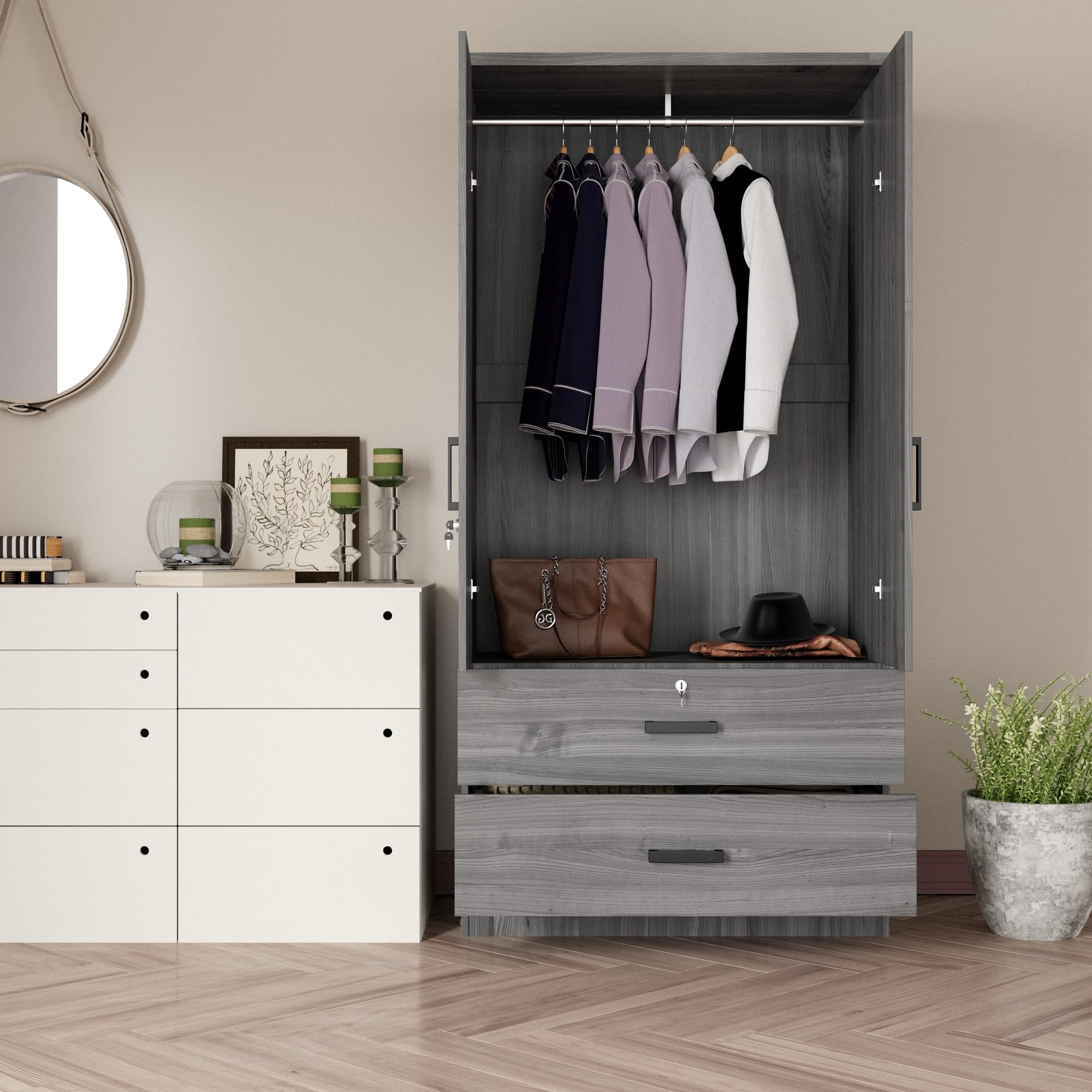 Woodpeckers Furniture And Mattress 2-Door Closet with 2-Drawers (Grey)