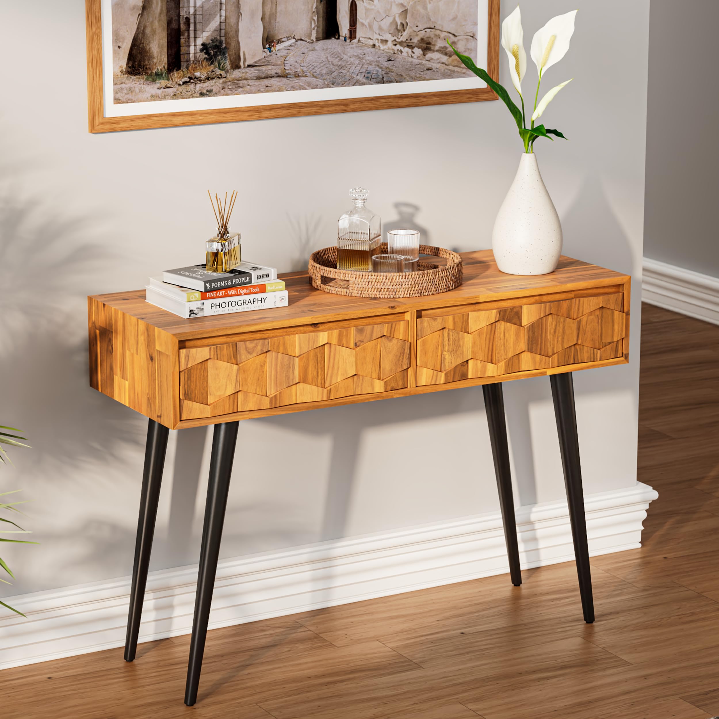 Bme Console Modern Mid-Century 2 Drawers and Metal Legs, Unique Geometric Design Sofa Table for Entryway, Hallway, Living Room, 
