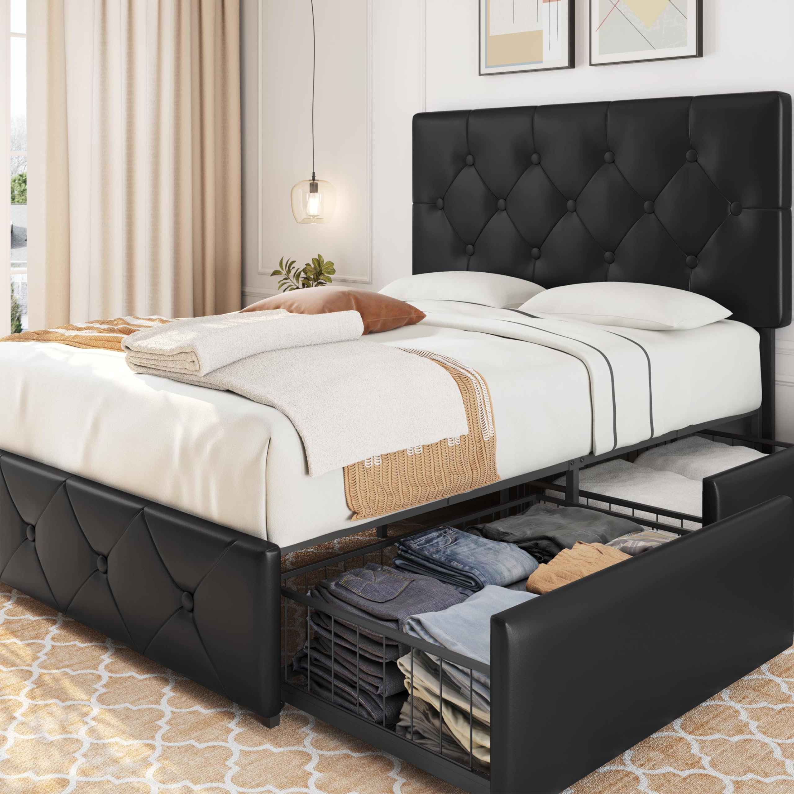 Yaheetech Upholstered Bed Frame with 4 Storage Drawers and Adjustable Headboard, Faux Leather Platform Bed Frame with Mattress F
