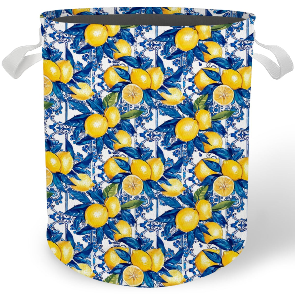 Cilrii Navy Blue Lemon Laundry Basket, Mediterranean Tiles Summer Italian Lemons Botanical Laundry Basket Hamper Waterproof Coll