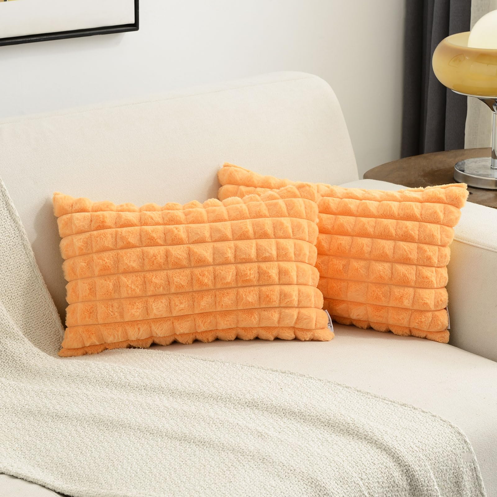 Futei Orange Decorative Throw Pillow Covers 12X20 Inch Set Of 2, Rectangle Lumbar Pillowcase,Fluffy Faux Rabbit Fur Plaid & Soft
