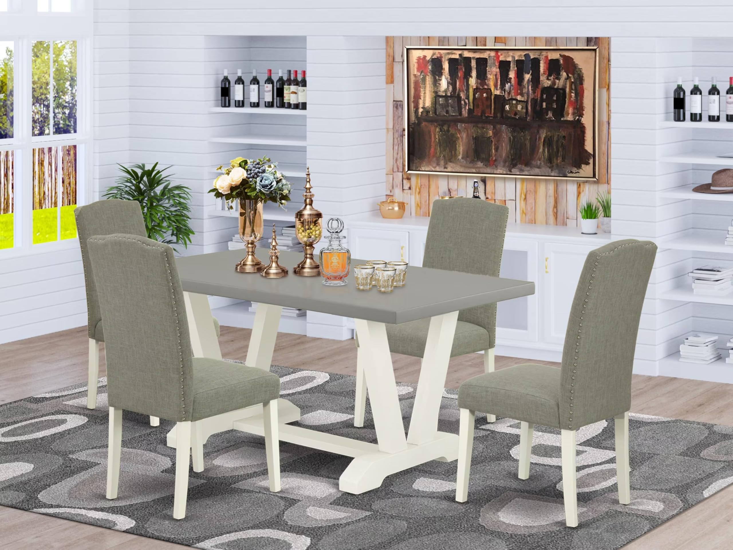 East West Furniture V096En206-5 5 Piece Kitchen Table Set For 4 Includes A Rectangle Dining Room Table And 4 Dark Shitake Linen Fabric Upholstered Chairs, 36X60 Inch, Multi-Color