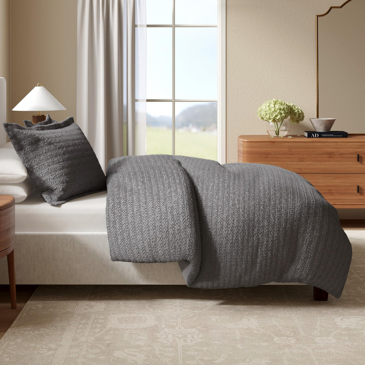 Great Bay Home 100% Natural Cotton Duvet Cover Set, Full/Queen Size - Waffle Weave Grey Duvet Cover With Button Closure & 2 Pill