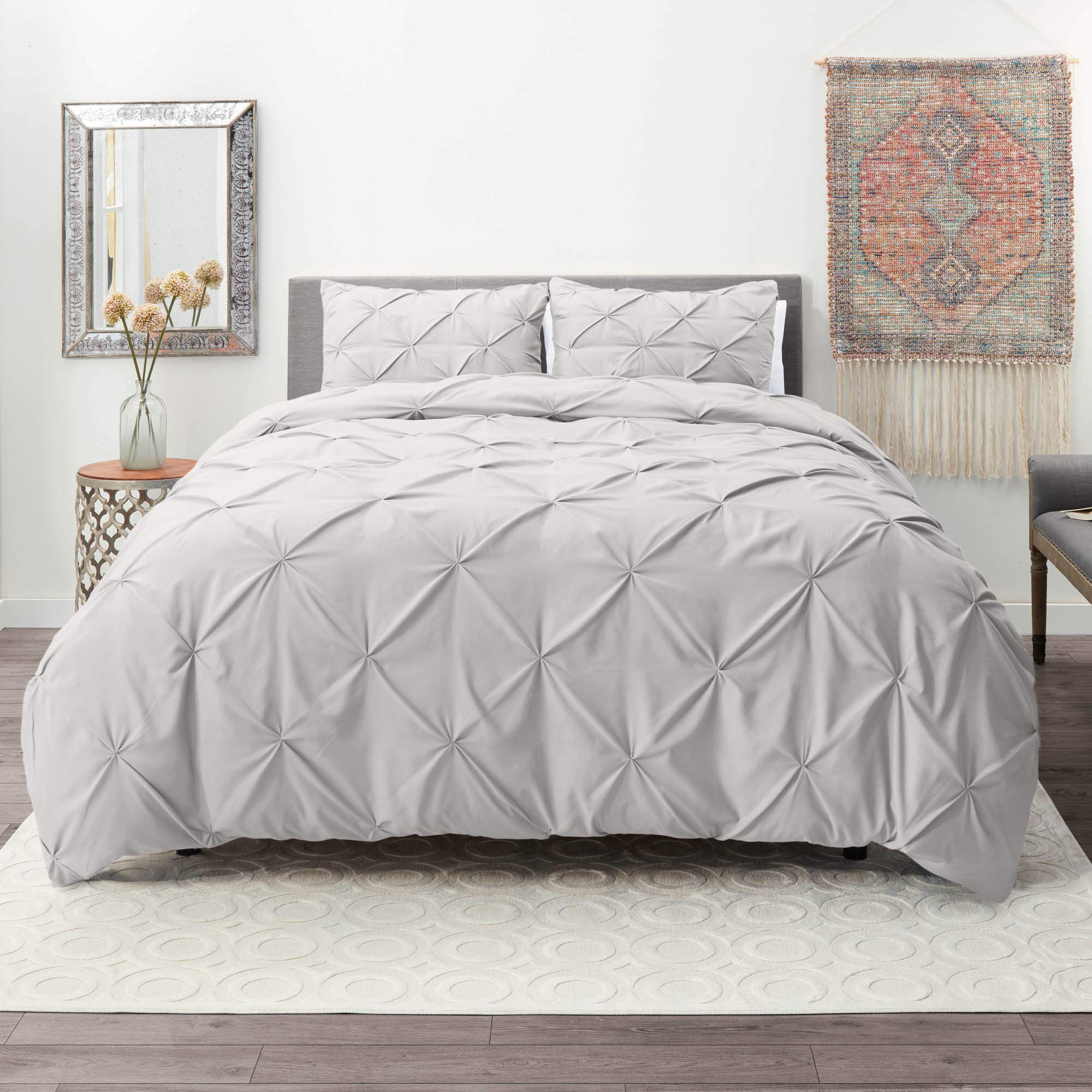 Nestl Grey Lavender Duvet Cover Queen Size - Pintuck Queen Duvet Cover Set, 3 Piece Double Brushed Duvet Covers With Button Clos