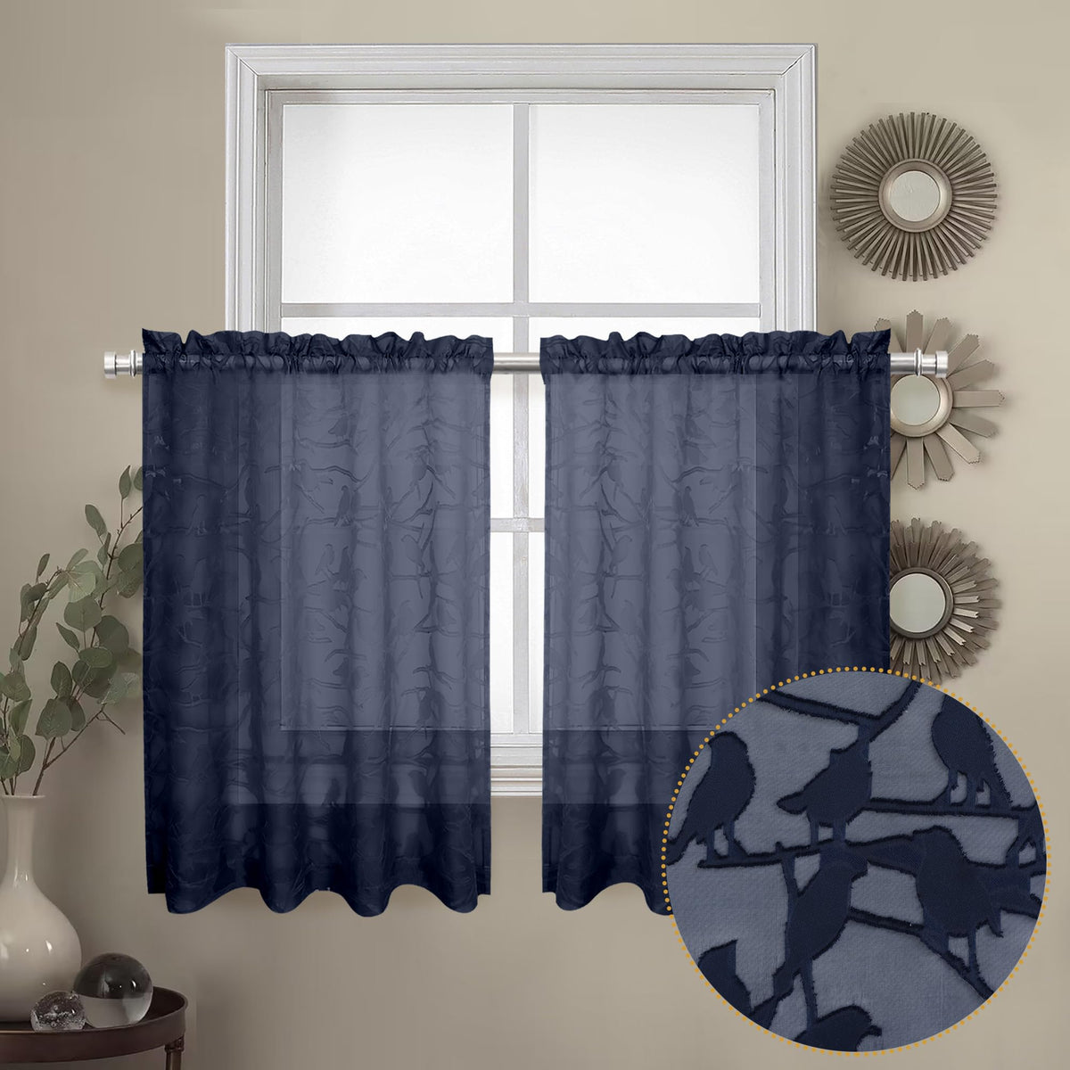 Ovzme Textured Navy Blue Kitchen Sheer Curtain Tiers 36 Inch Length 2 Panels Set, Elegant Short Sheer Dining Curtains For Small