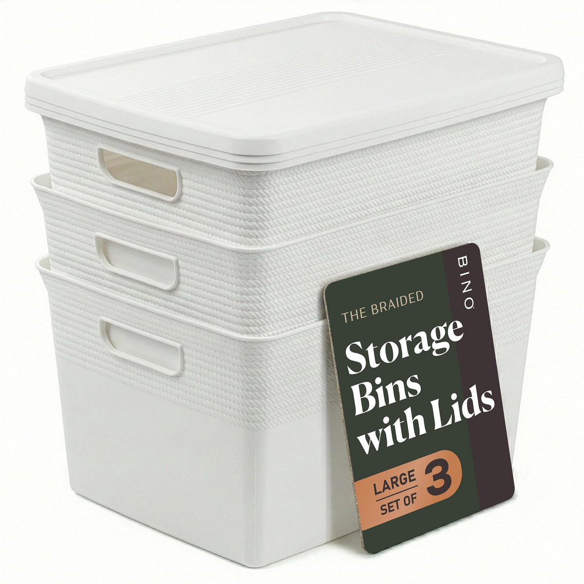BINO | Plastic Storage Bins with Lids, 22 Liter  3 Pack, White | THE BRAIDED COLLECTION | Plastic Bins for Organization Woven S