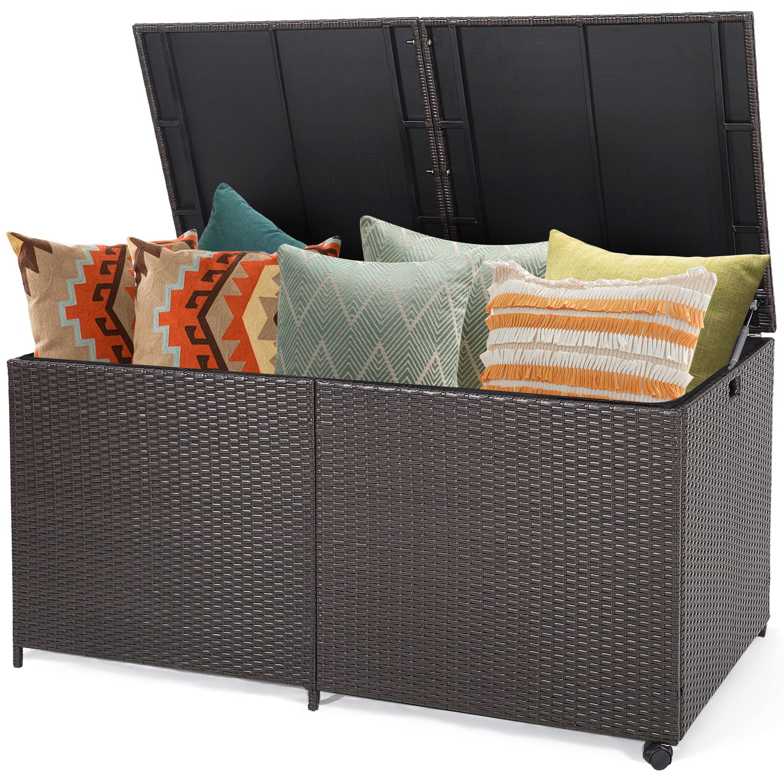 Relax4Life 175-Gallon Storage Deck Box - Outside Wicker Storage Container With Zippered Liner, 2 Universal Wheels, Gas Strut, Pa