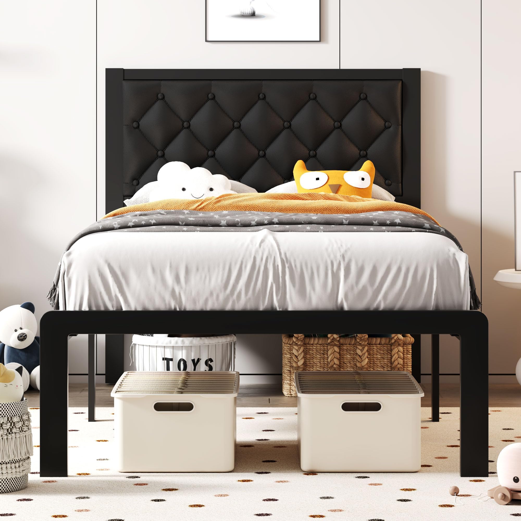 Fluest Twin Bed Frame With Headboard Pu Leather Upholstered Bed Frame Platform,All Metal Slats Support Platform Bed Frame With Storage Space,Easy Assembly,Noise Free,No Box Spring Needed,Black