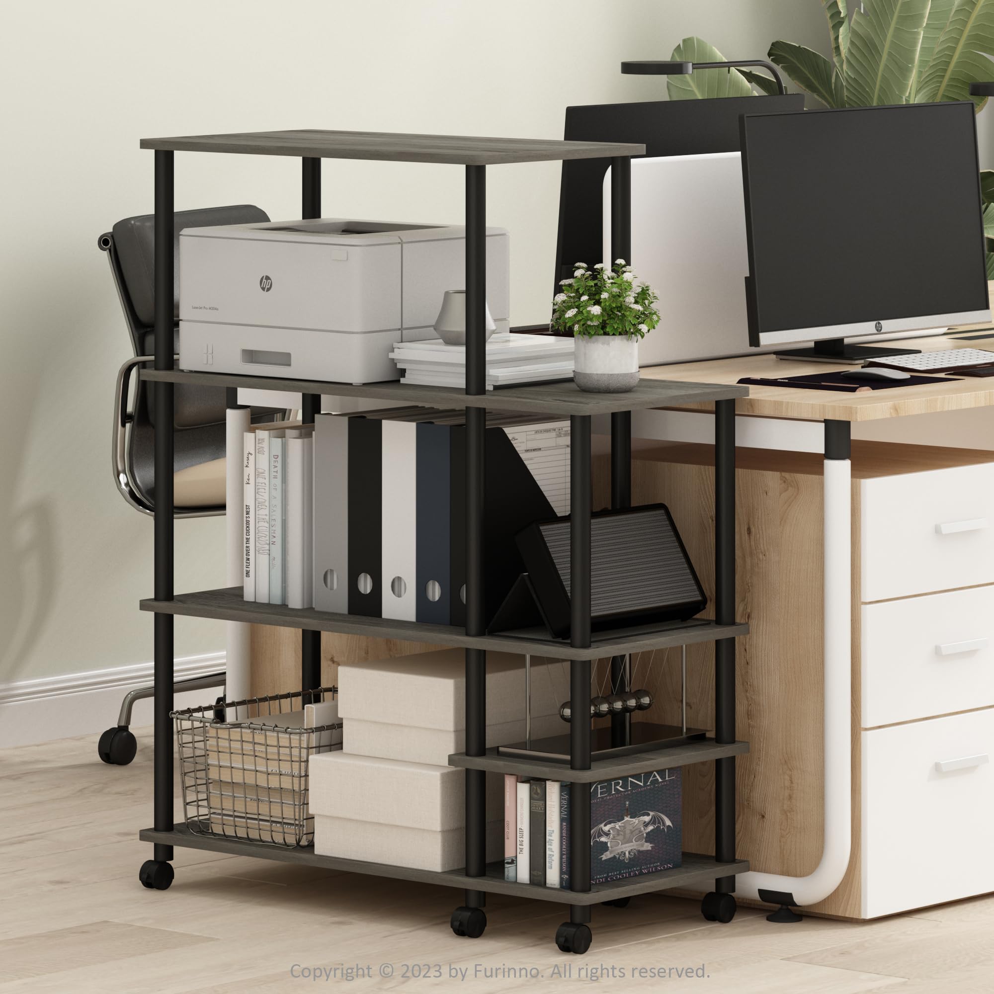 Furinno Turn-N-Tube 4-Tier Wide Toolless Multipurpose Printer Stand Display Storage Shelf With Wheels, French Oak Grey/Black