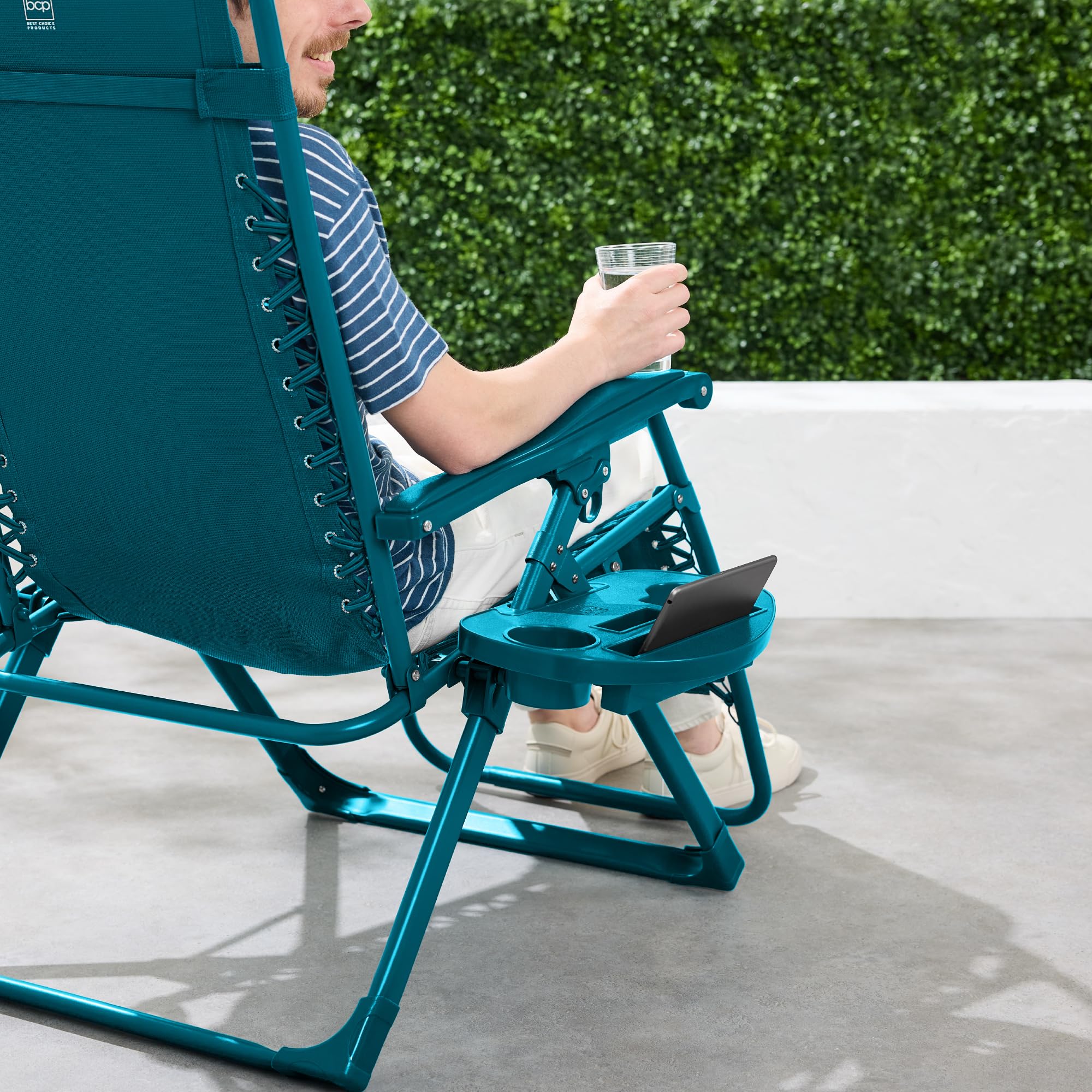 Best Choice Products Adjustable Zero Gravity Chair, Monochromatic Color Folding Patio Recliner W/Side Tray, Headrest - Peacock
