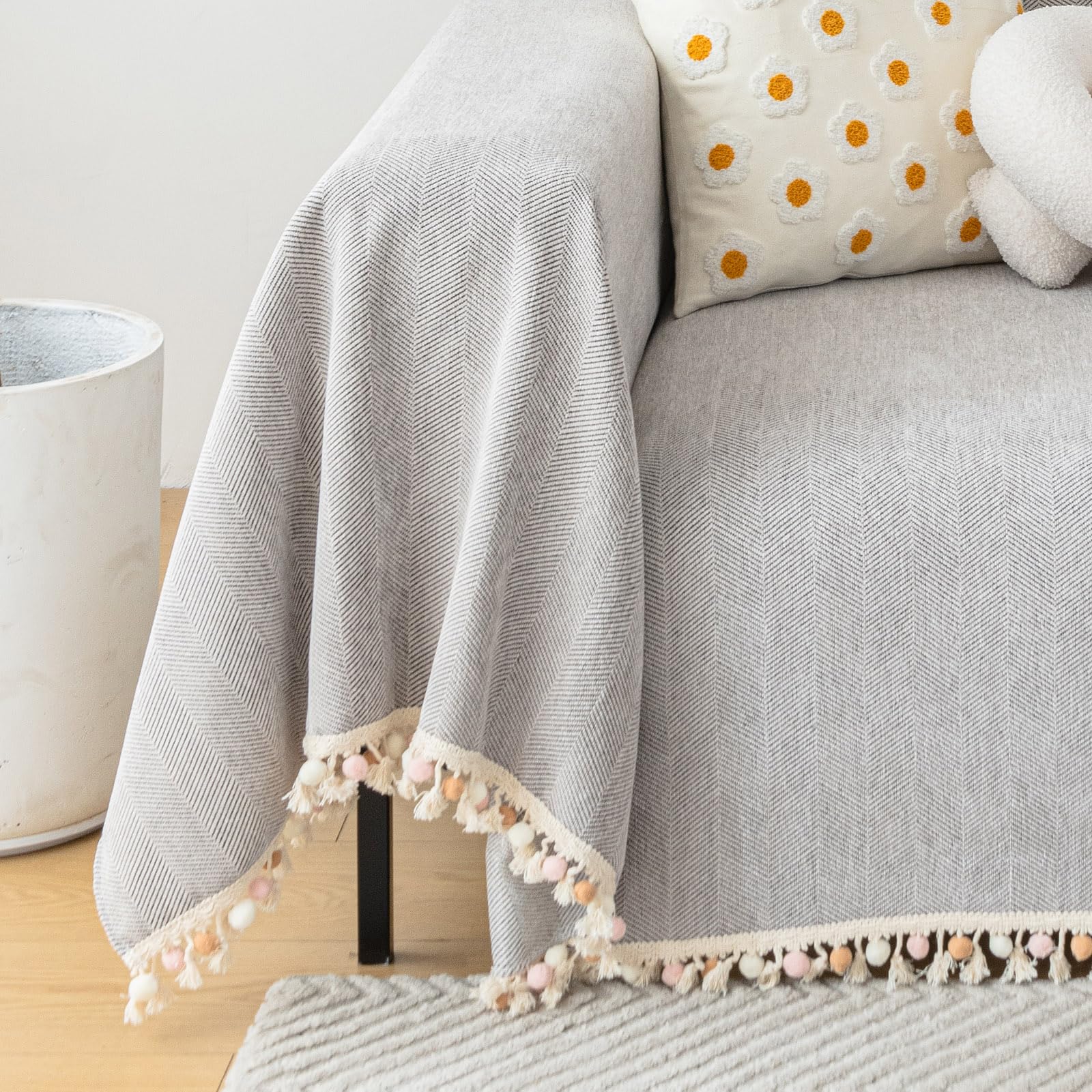 Handontime Grey Sofa Cover For Couch Boho Couch Cover For 3 Seat Couch Dog Couch Cover Love Seat Couch Covers Light Grey Sofa Sectional Cover 71' X118' Tassel Chenille Herringbone Sofa Covers