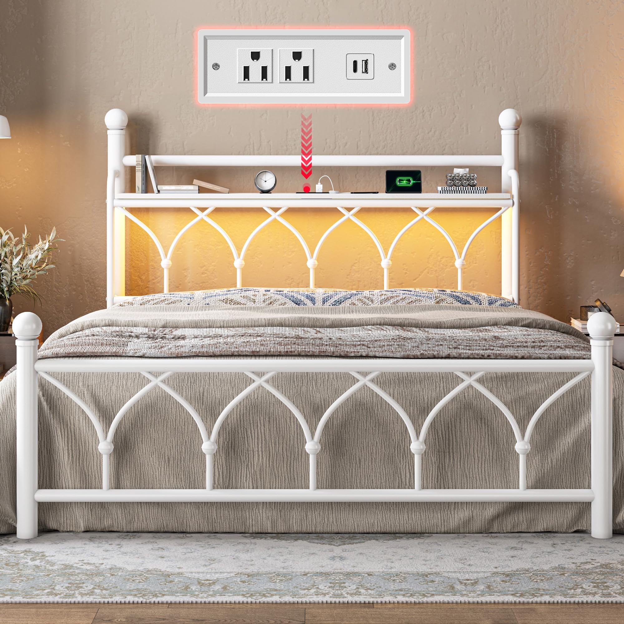 Enhomee Queen Bed Frame With Led Lights And Power Outlets, Bed Frame Queen Size With Storage, Sturdy & Noise-Free, No Box Spring