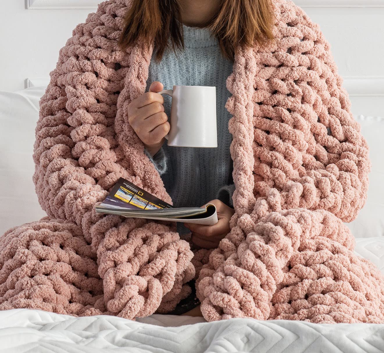 Chunky Knit Blanket Throw - 50'X60' 3.7 Lbs.- Soft Chenille Yarn Knitted Blanket -Machine Washable Crochet Blanket - Handmade