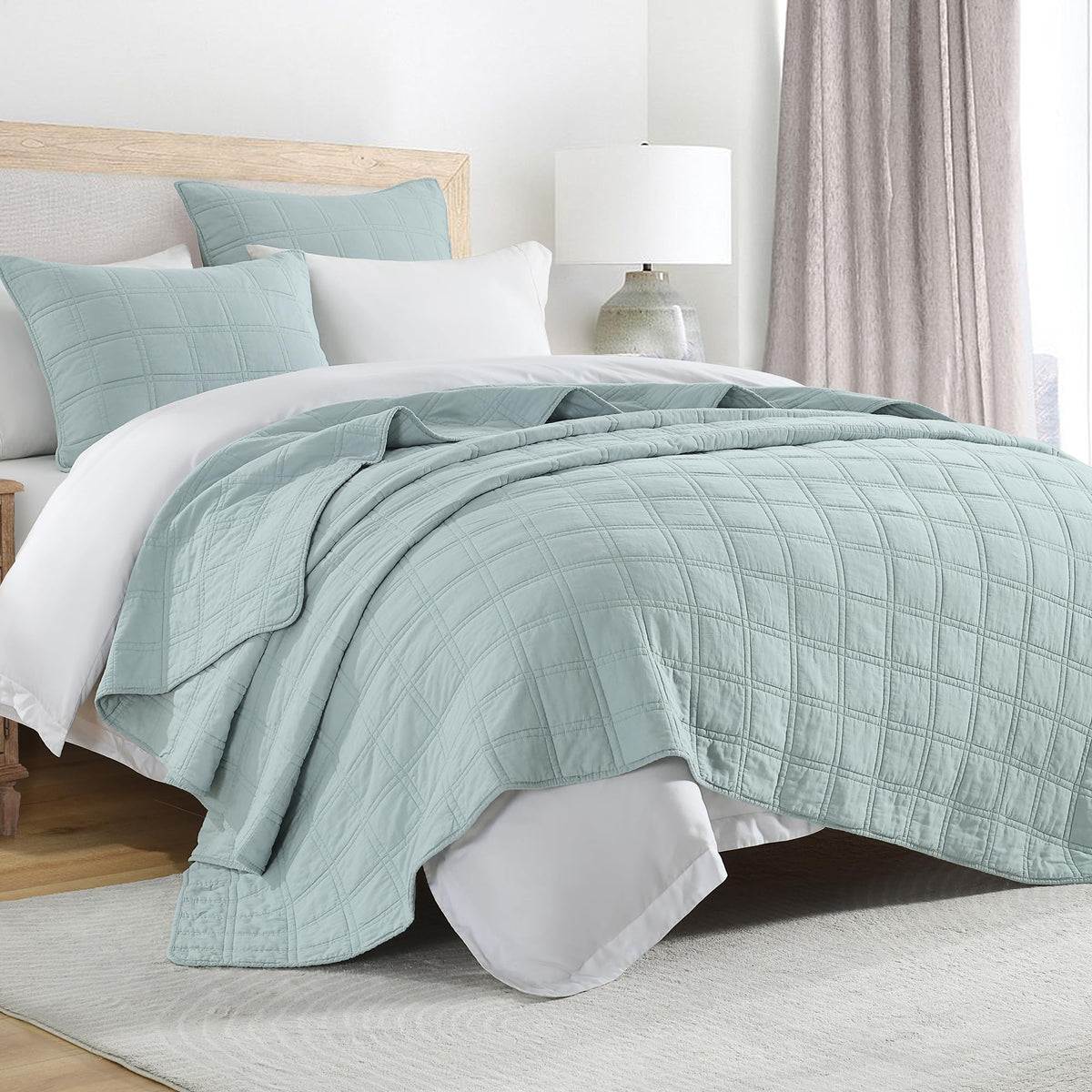 Horimote Home 100% Cotton Quilt Set King Size, Paleturquoise Pre-Washed Bedspreads Coverlet Set In Geometric Pattern, Cozy Light