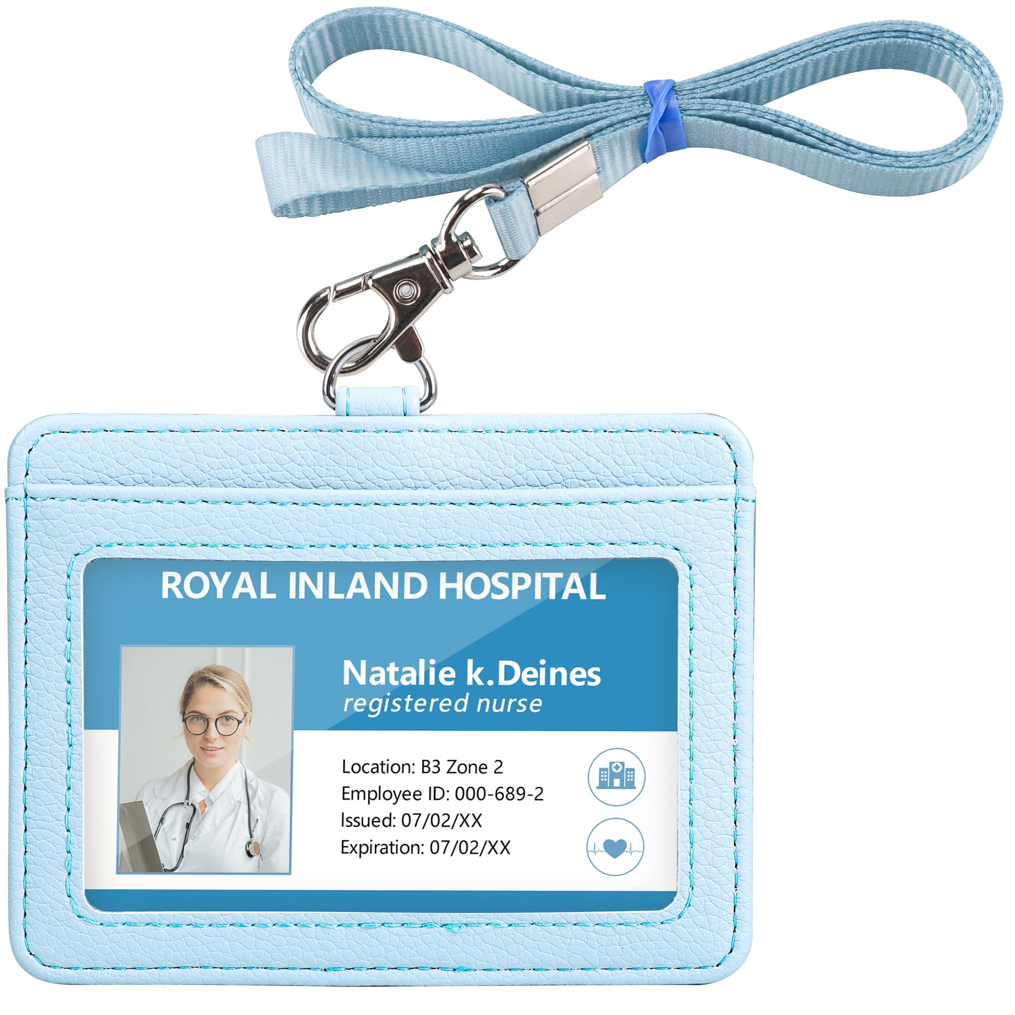 Teskyer Badge Holder With Lanyard, Leather Id Name Badge Card Holder With Lanyard For Id Badges, Horizontal, Lychee Pattern Cyan