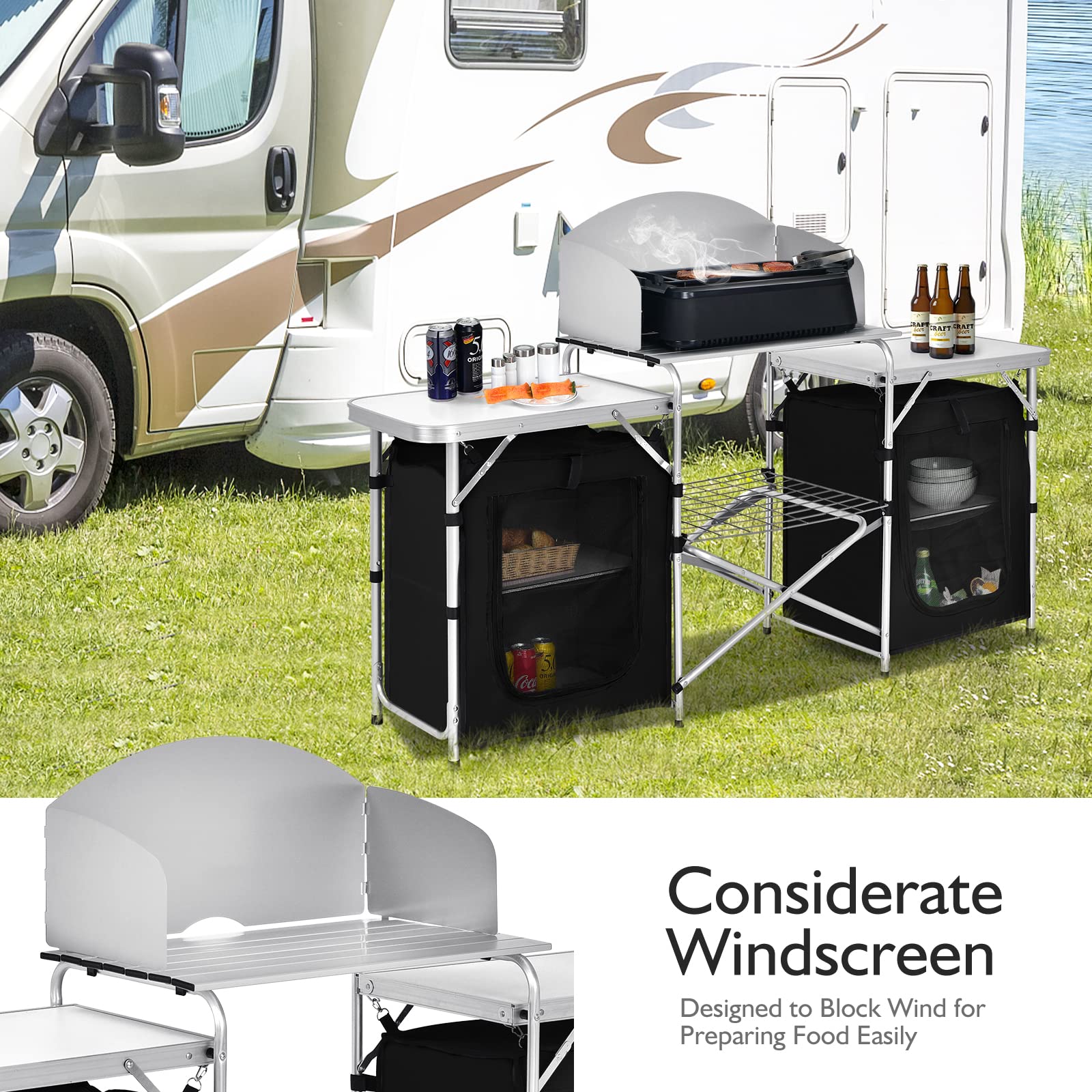 Goplus Folding Camping Kitchen Table With Storage, Aluminum Portable Outdoor Cooking Table With Windscreen, Foldable Camp Table Cook Station For Bbq, Grill, Party, Picnics, 68D X 19W X 43.5H In, Black