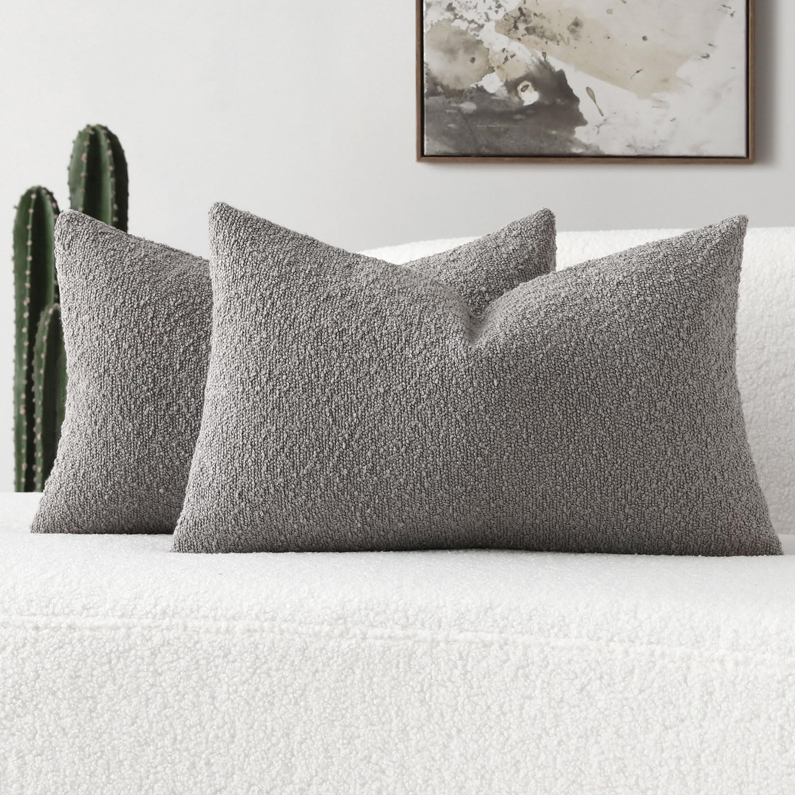 Futei Pack Of 2 Light Grey Boucle Accent Decorative Throw Pillow Covers,12X20 Inch Soft Solid Textured Lumbar Pillow Cases,Home
