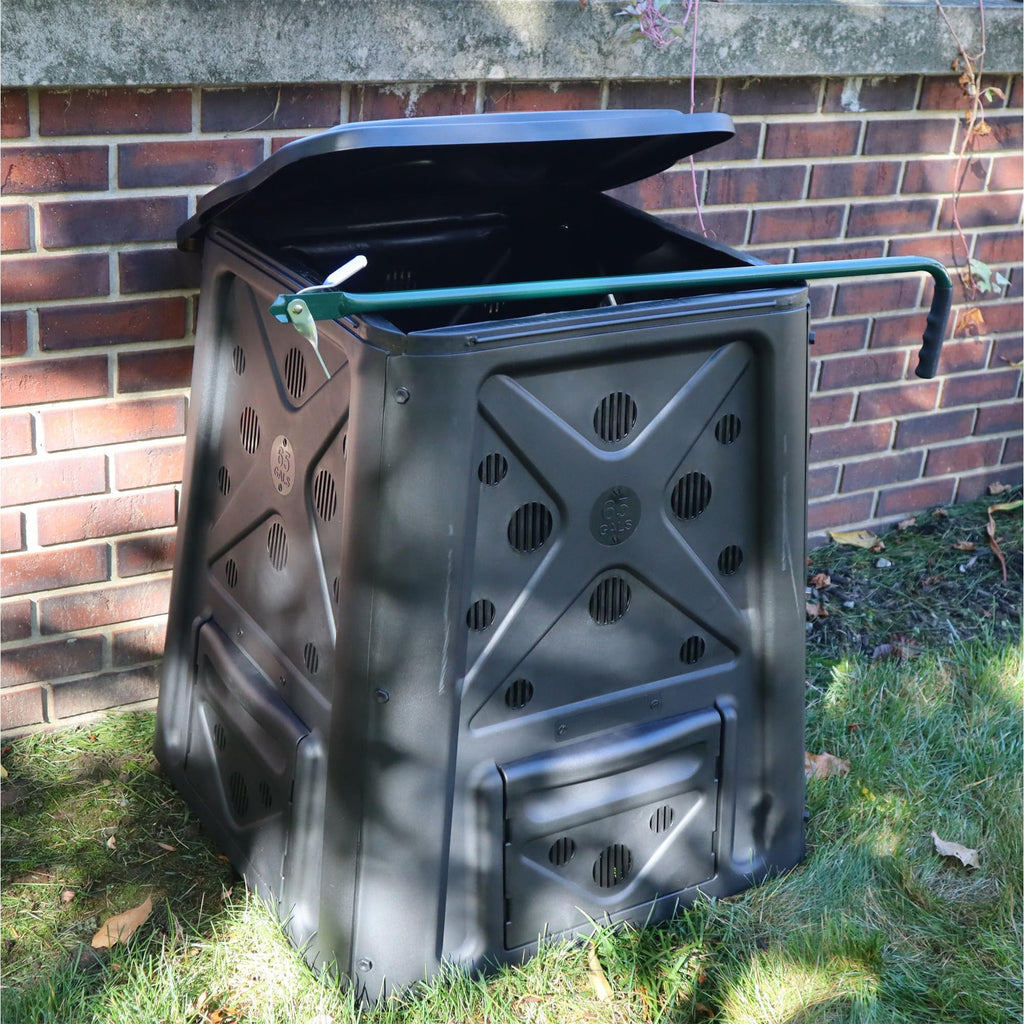 Redmon 65 Gallon Outdoor Compost Bin With Snapping Lift Off Lid, 4 Door Access, And Multiple Vent Holes For Garden And Landscaping, Black