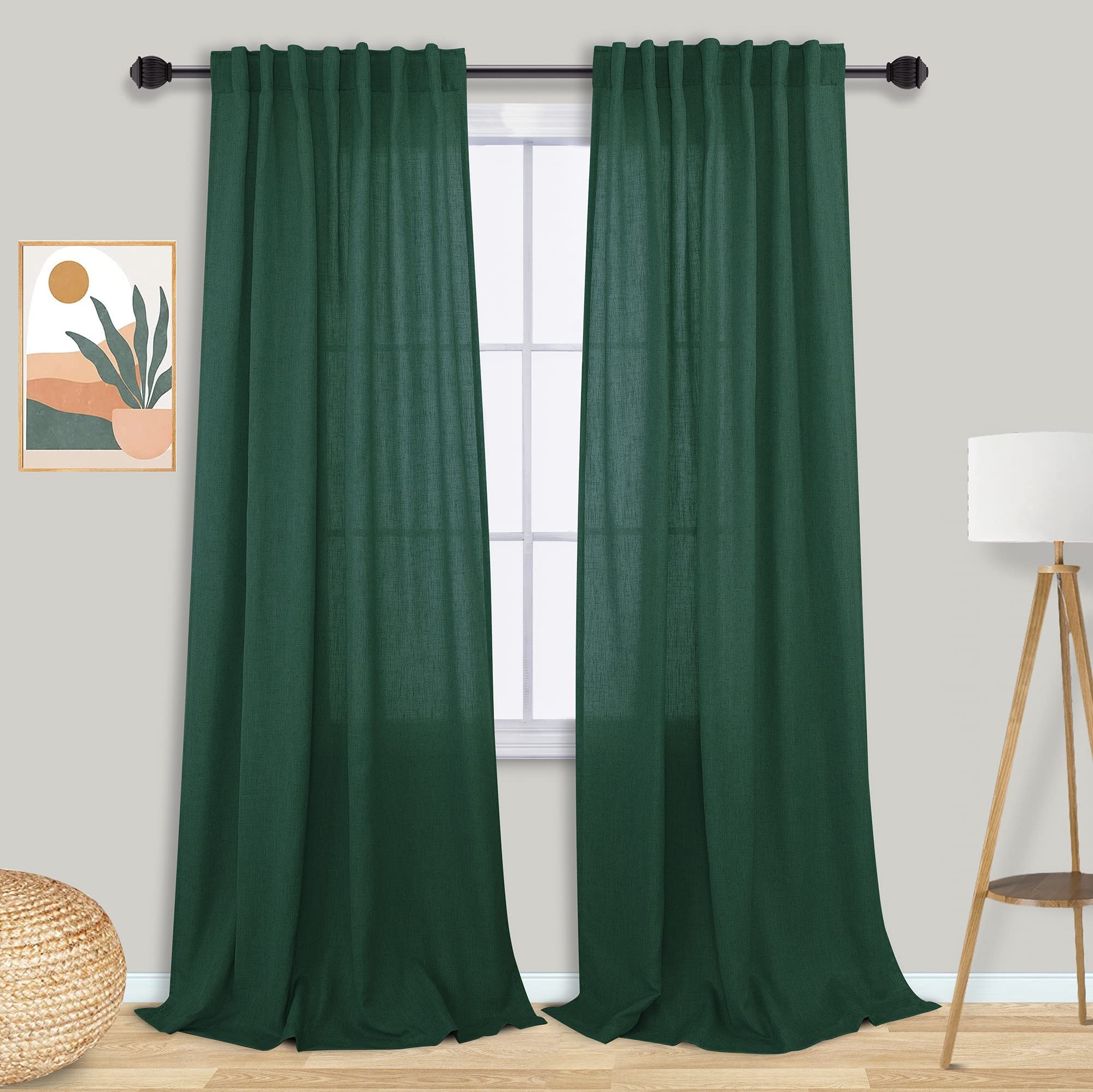 Hunter Green Faux Linen Curtains For Bedroom, Rod Pocket And Back Tab Emerald Green Semi Sheer Drapes Light Filtering Window Tre