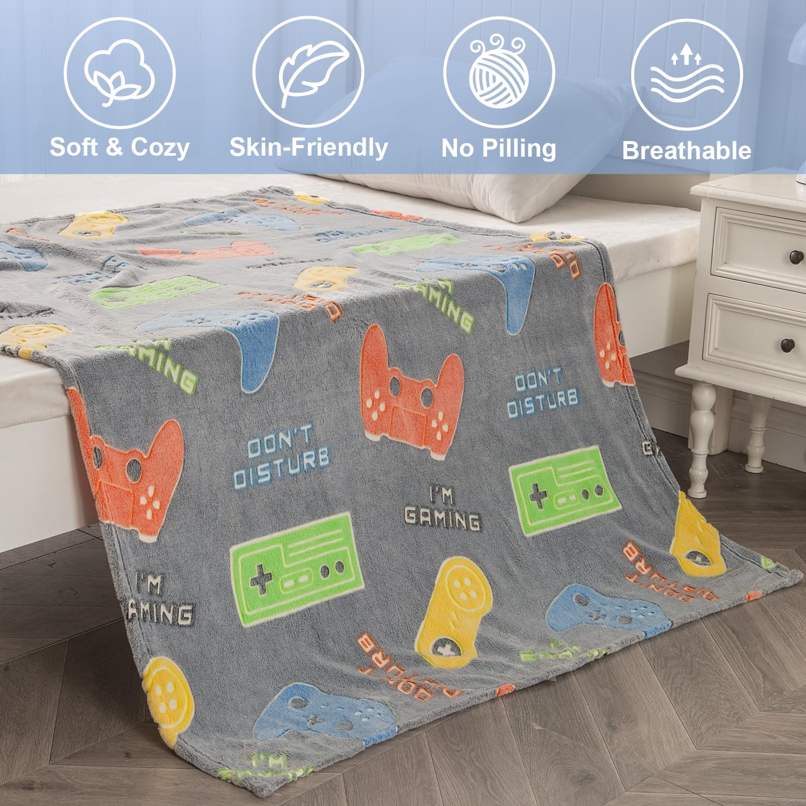 Gaming Blanket Toys Gifts For Boys - Glow In The Dark Game Controller Throw For Kids Age 1-14 Year Old Child Toddler Teen Birthd