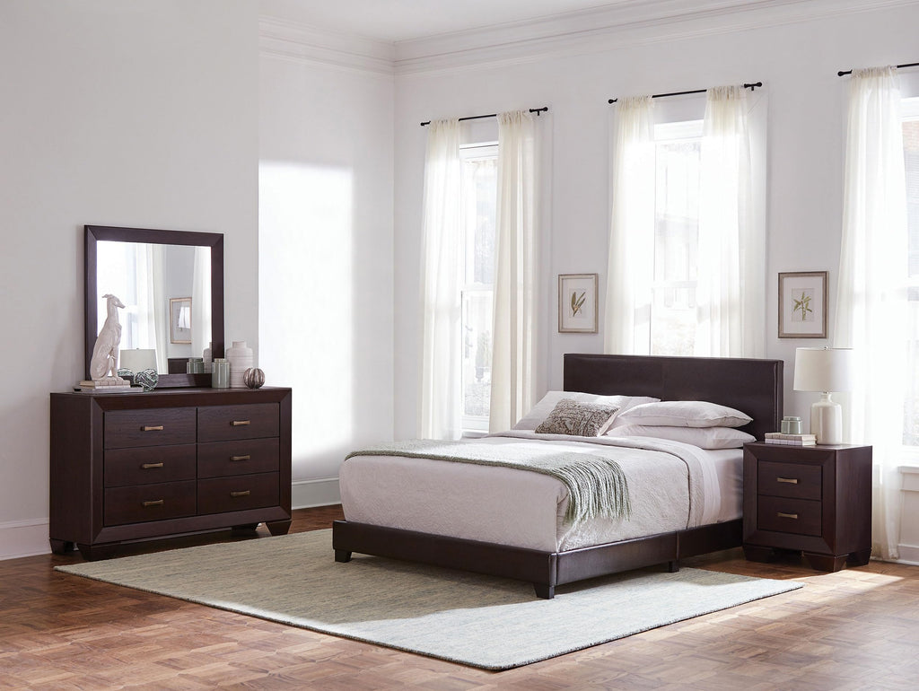 Coaster Home Furnishings Dorian Transitional 4-Piece Bedroom Set Leatherette Upholstered California King Size Panel Bed Frame 46-inch Headboard Dark Cocoa 300762KW-S4