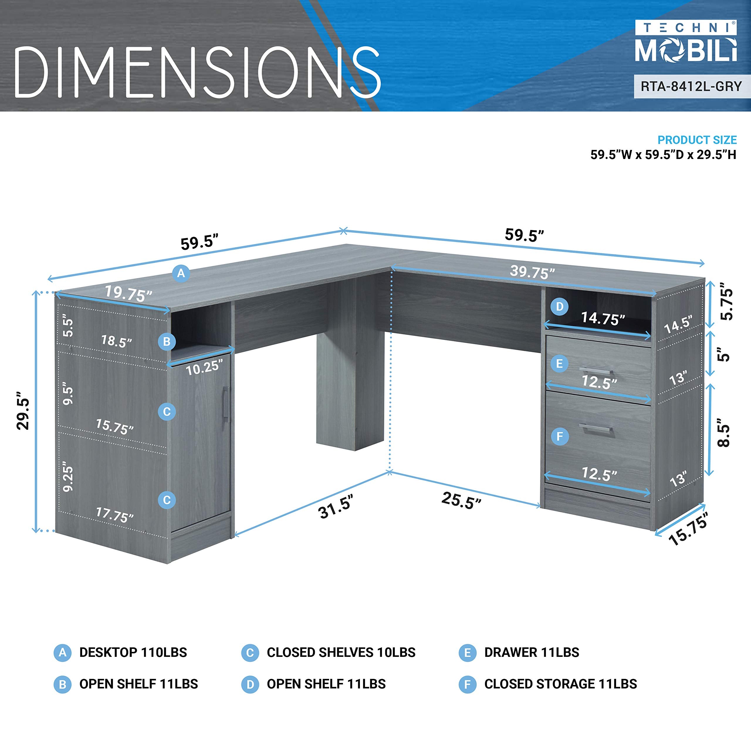 Techni Mobili Functional L-Shaped Computer Desk With Storage - Thumbnail 4