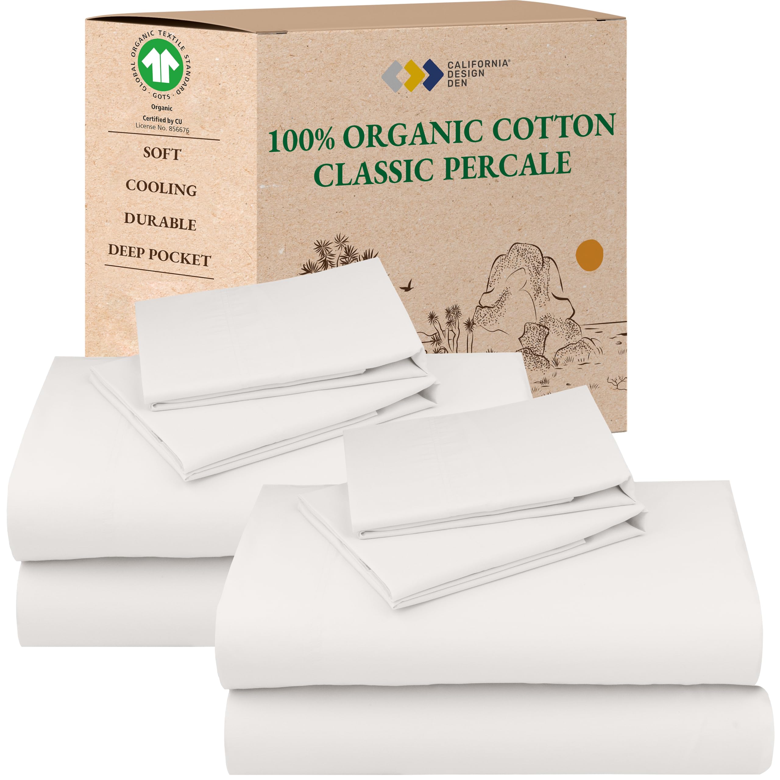 California Design Den 2-Pack 100% Organic Cotton Percale Sheets Queen Size Set - Crisp and Breathable Percale, Deep Pocket Queen